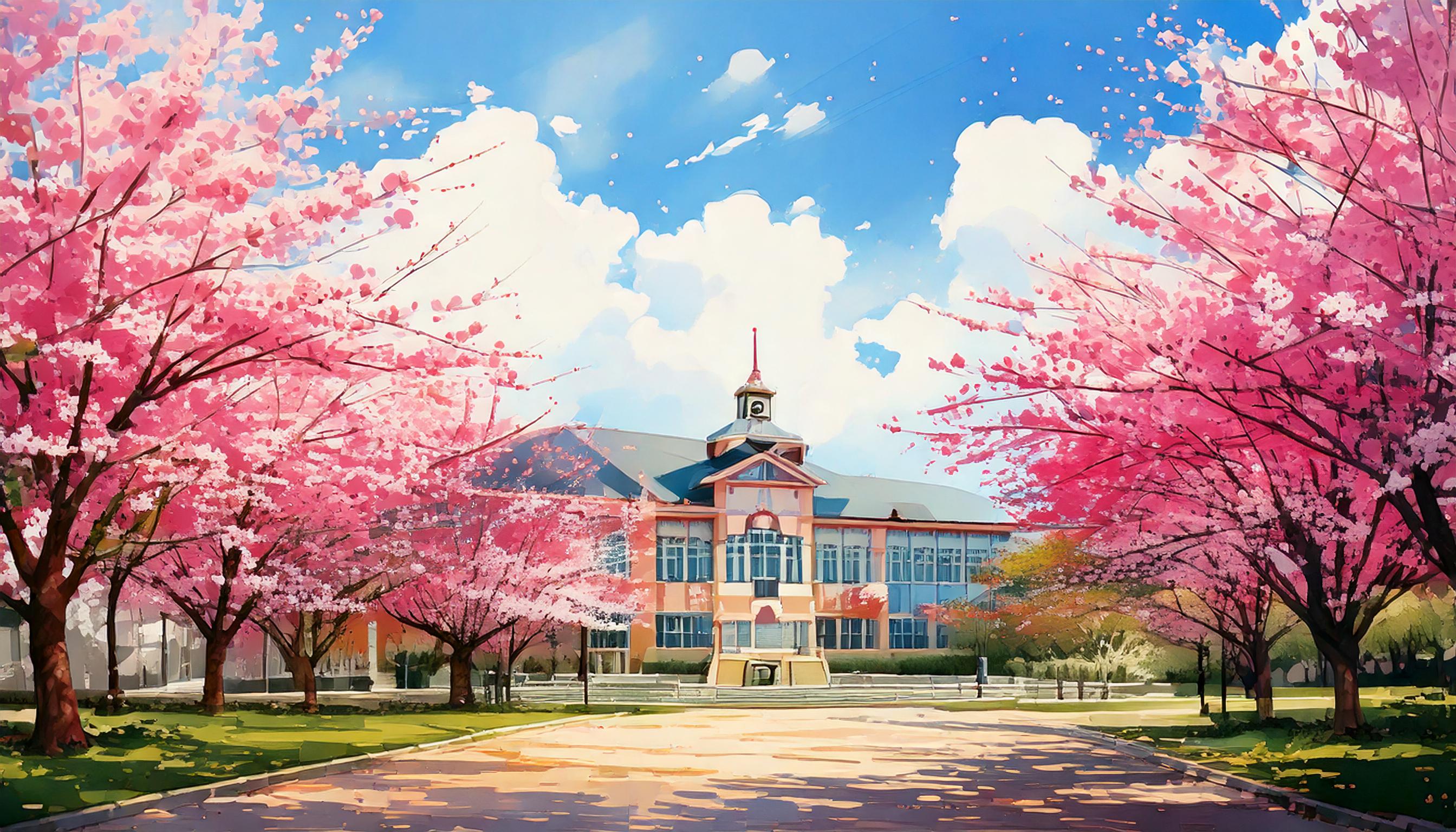 学校や卒業式の校舎と桜イラスト背景画像