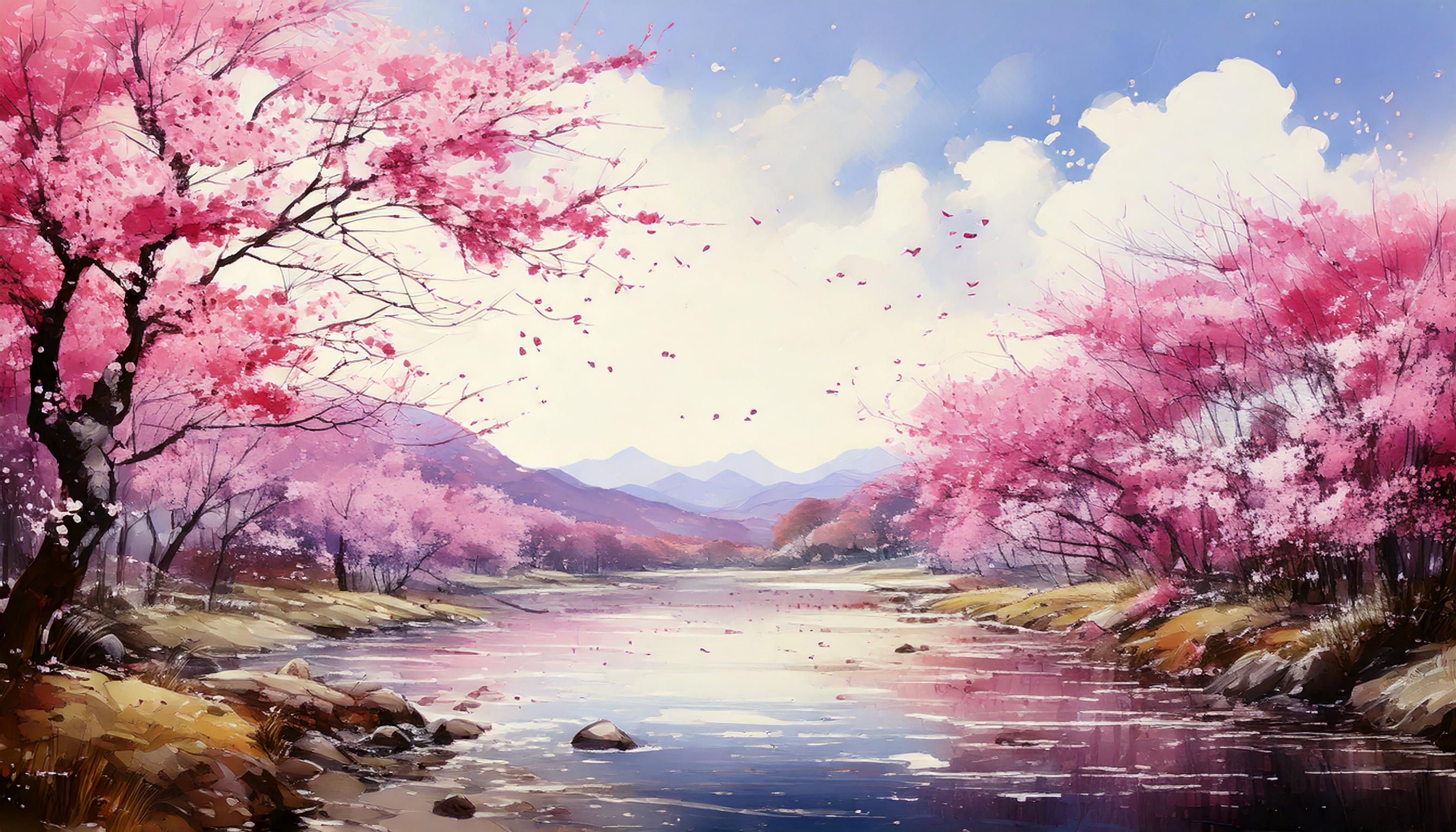 川沿いの桜のイラスト背景素材