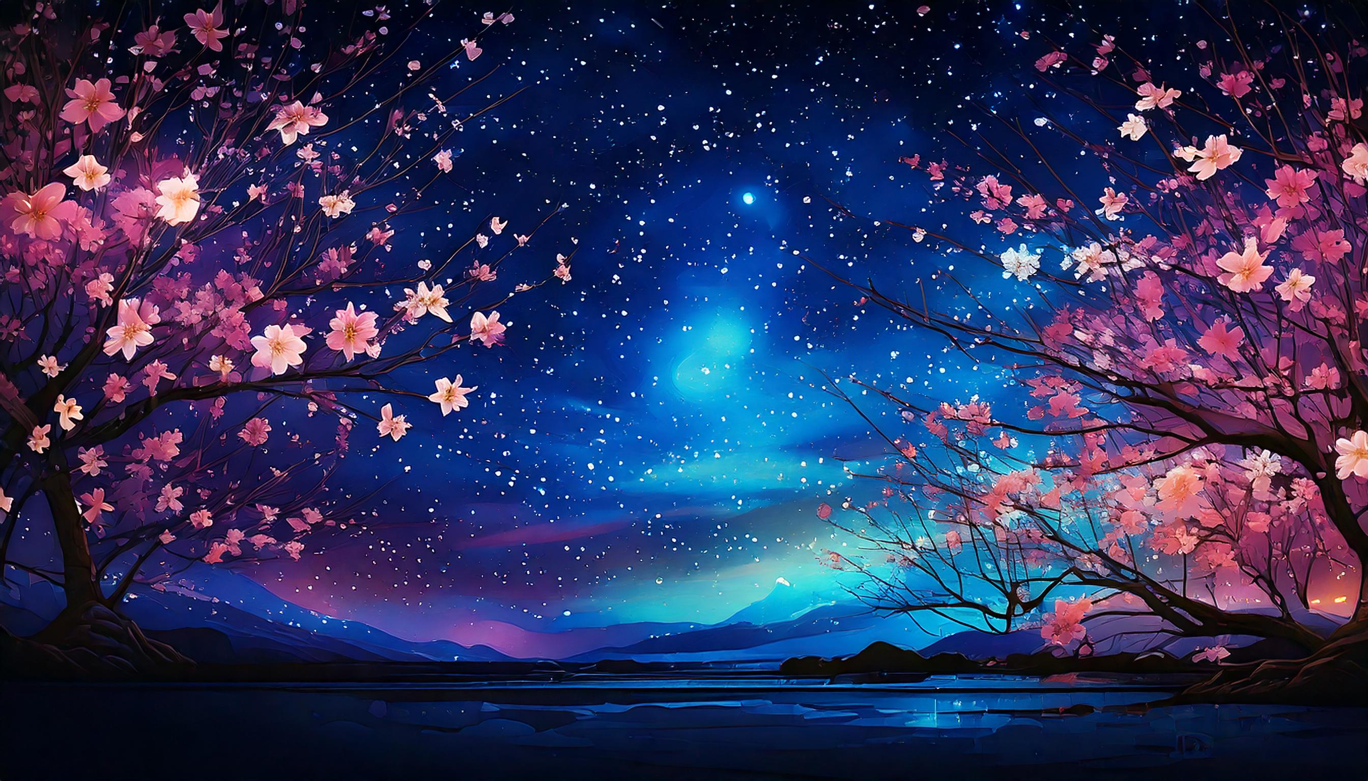 山が見える夜桜のかっこいいイラスト背景画像