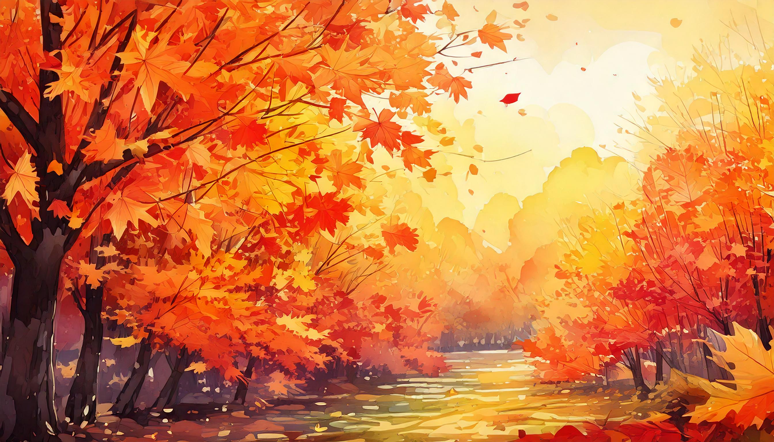 水彩画風の紅葉のイラスト背景フリー素材