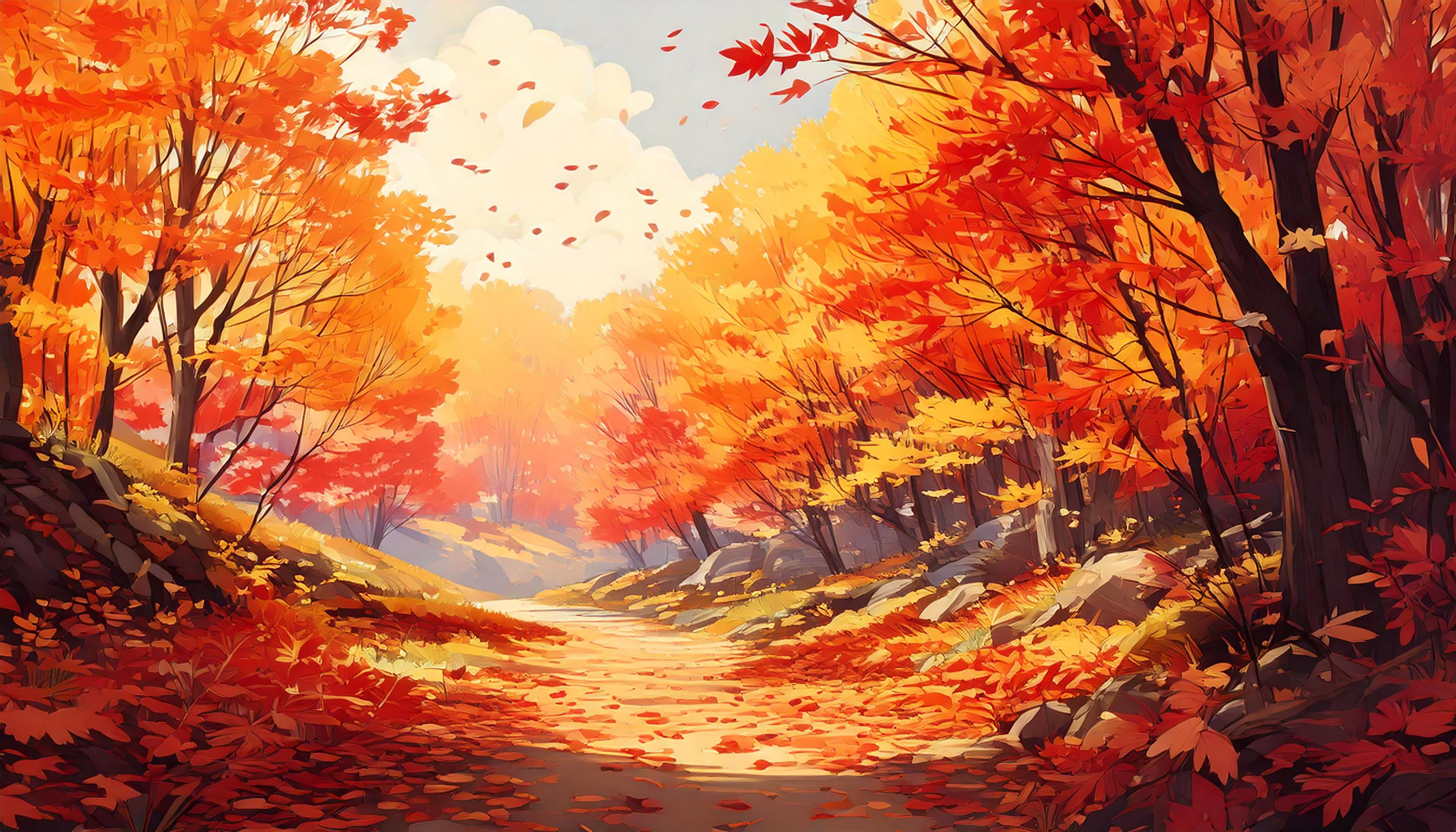 紅葉の道のイラスト背景フリー画像