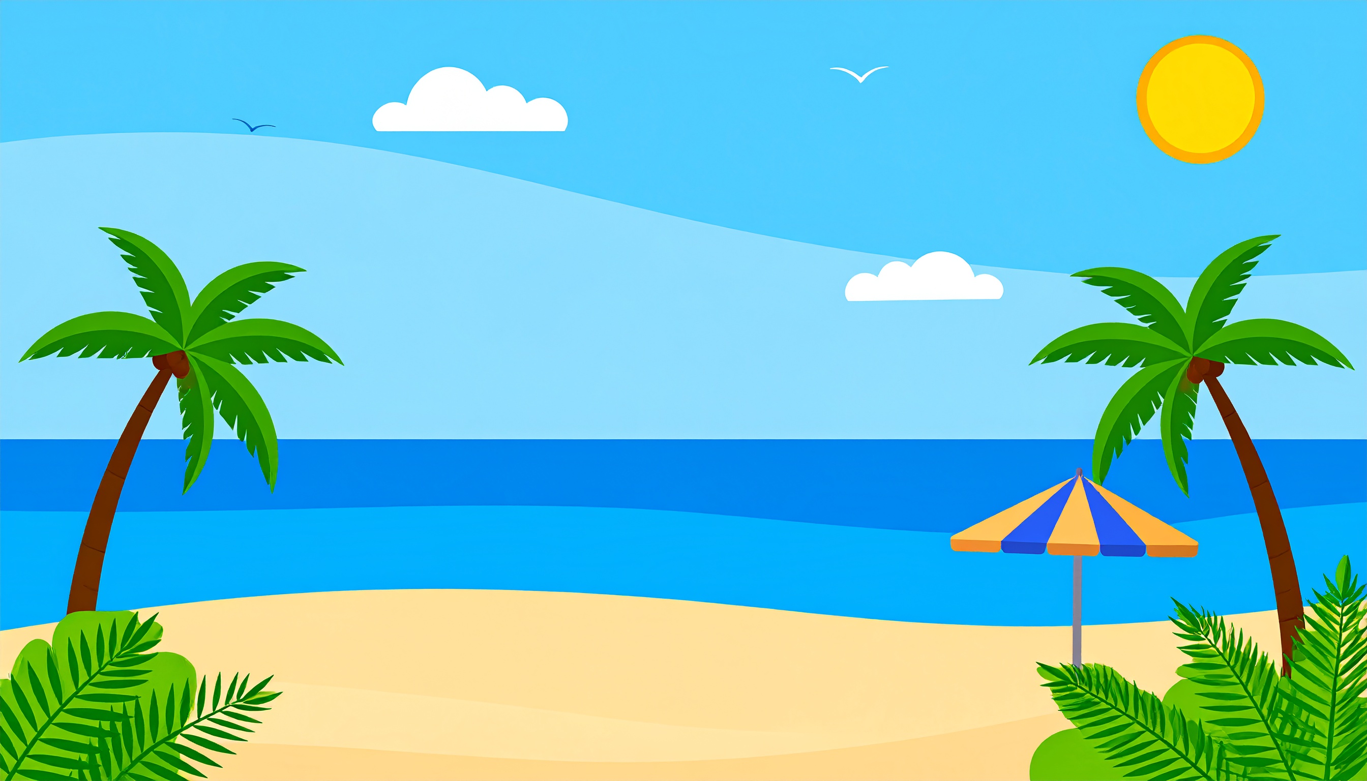 海とピーチパラソルのシンプルな背景イラスト