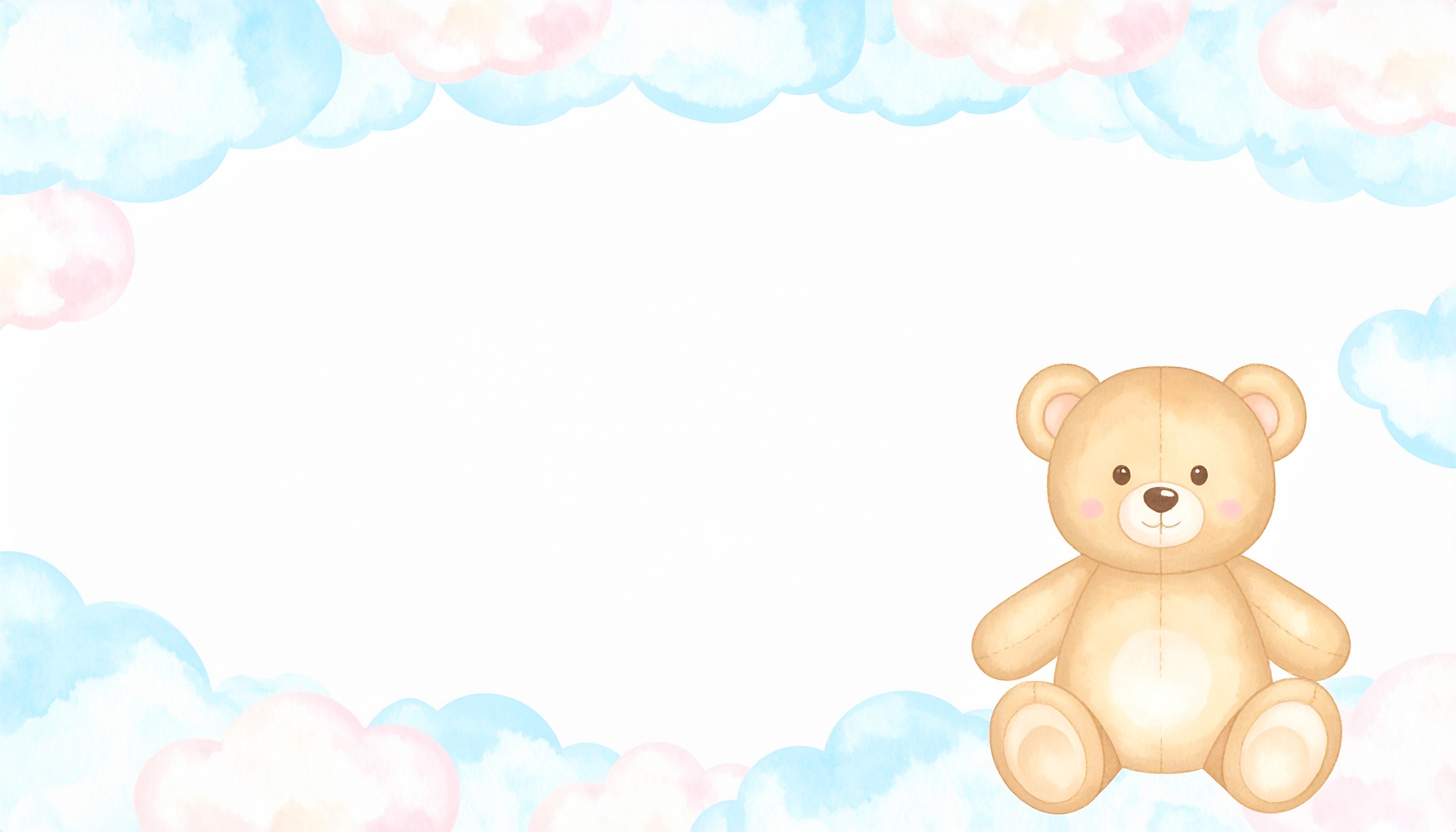ぬいぐるみとふわふわのパステル雲のかわいい背景イラスト