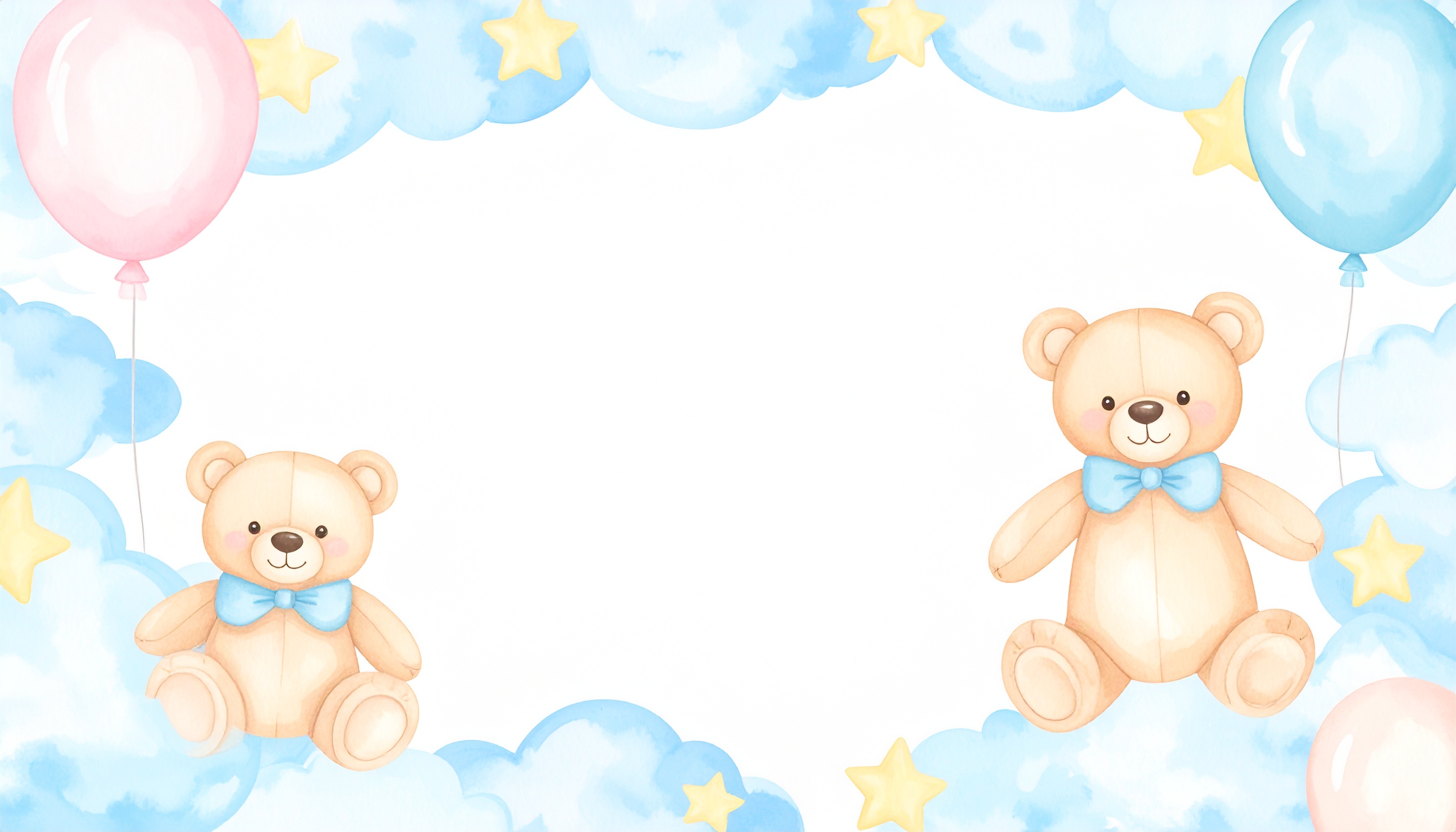 ぬいぐるみとふわふわの雲の水彩背景イラスト