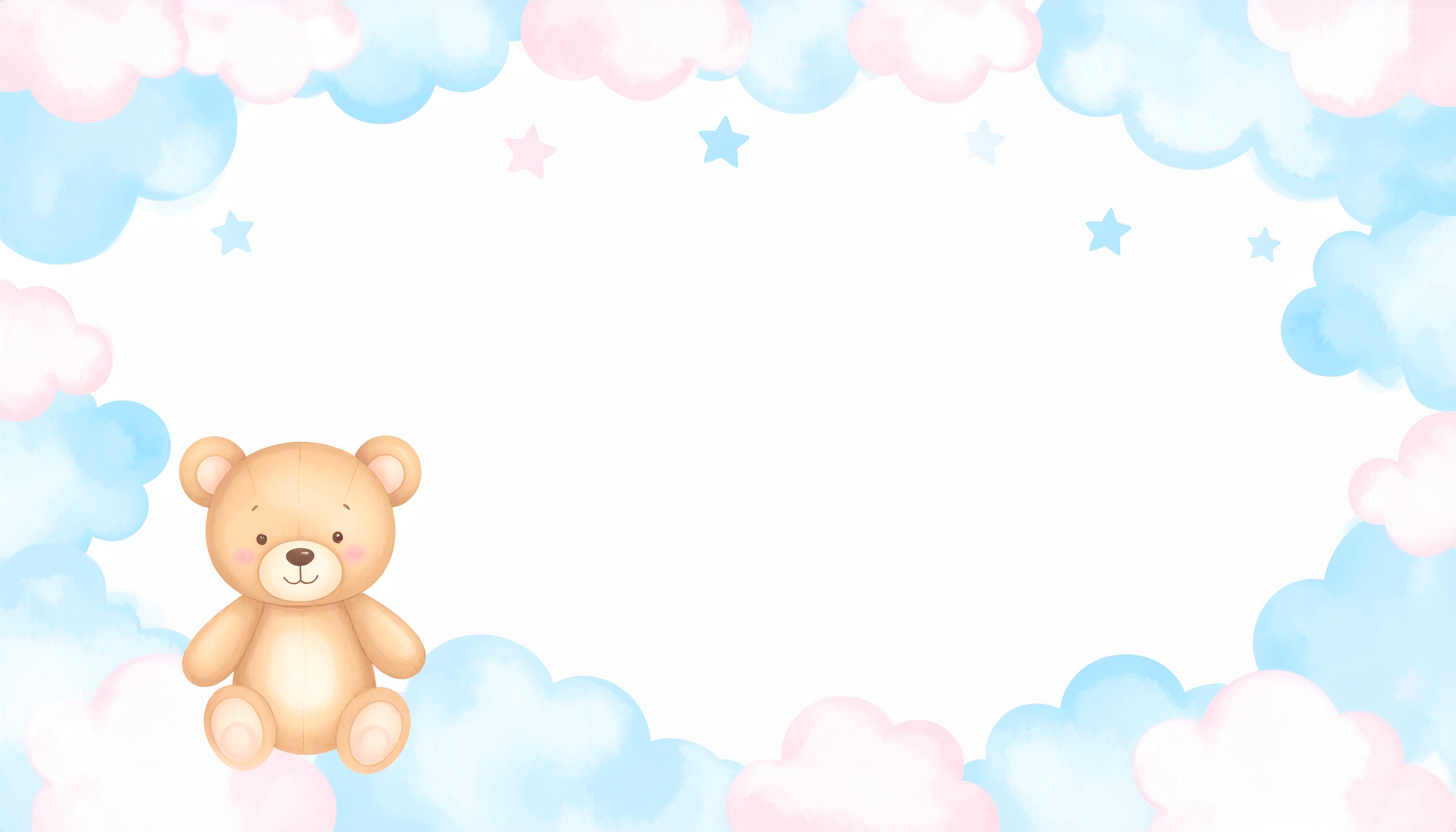 ぬいぐるみとふわふわの雲のパステル背景イラスト
