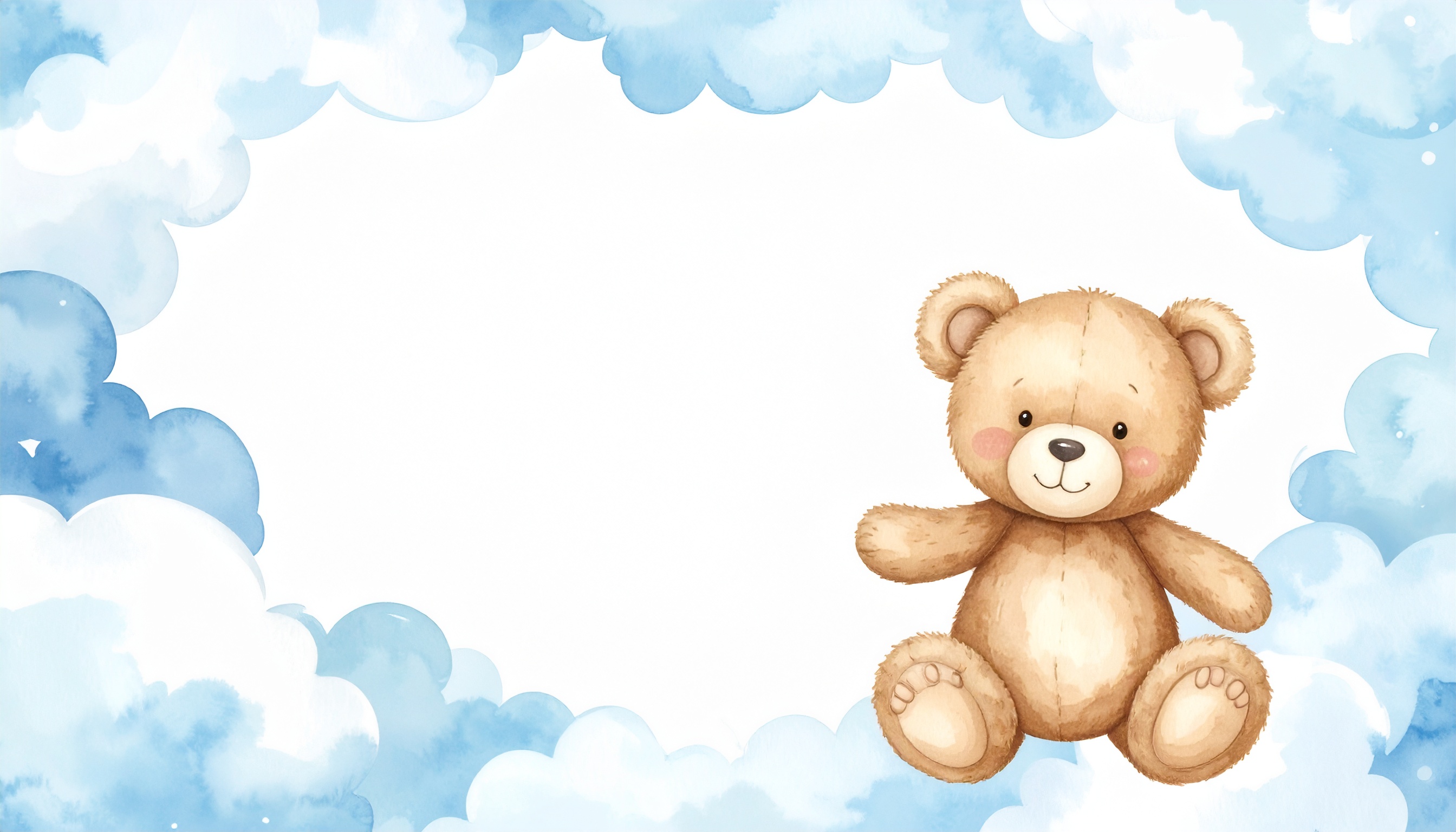 ぬいぐるみとふわふわの雲のフレーム風背景イラスト