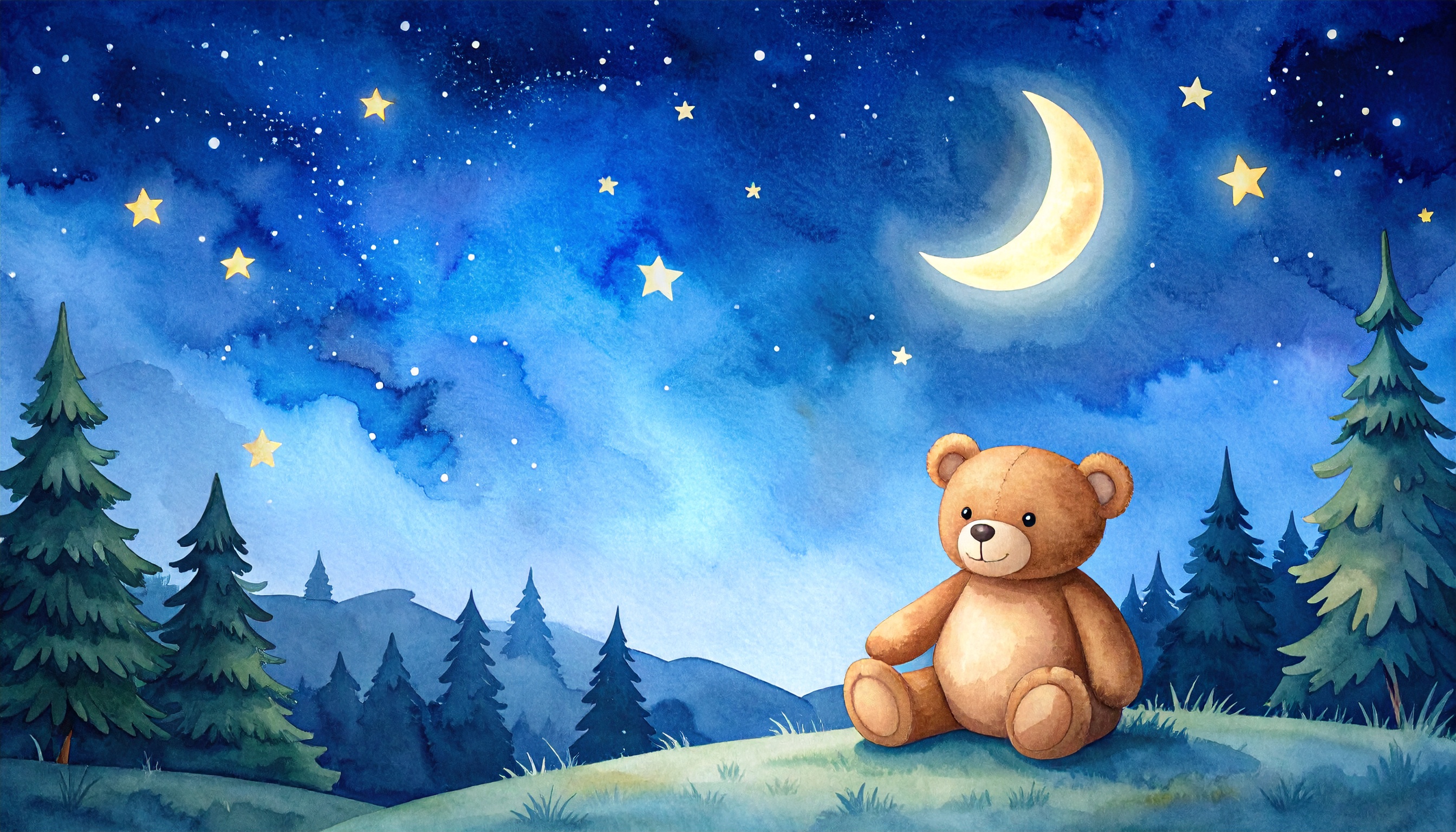星空とテディベアの水彩背景イラスト