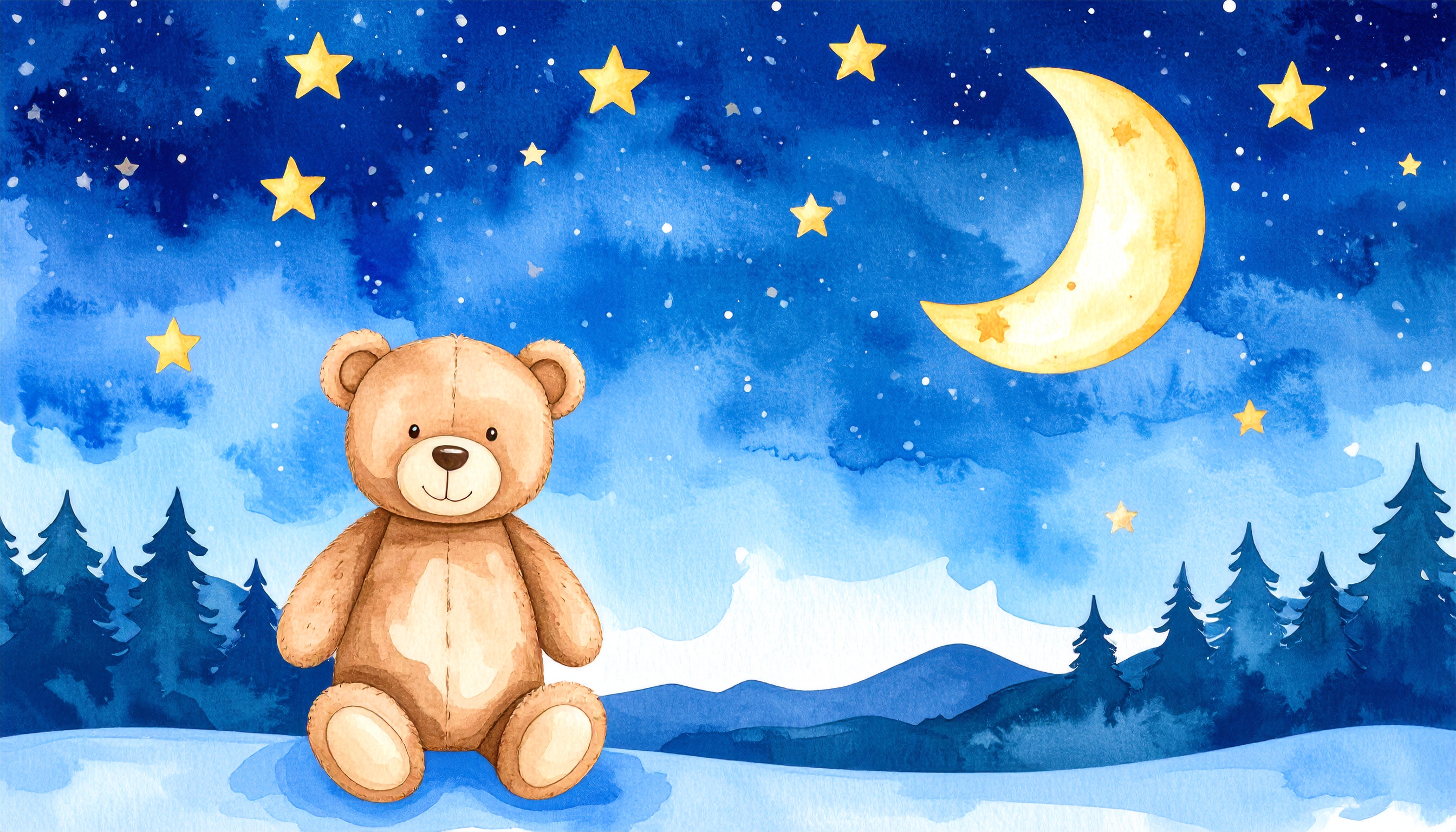 星空とテディベアの水彩背景イラスト