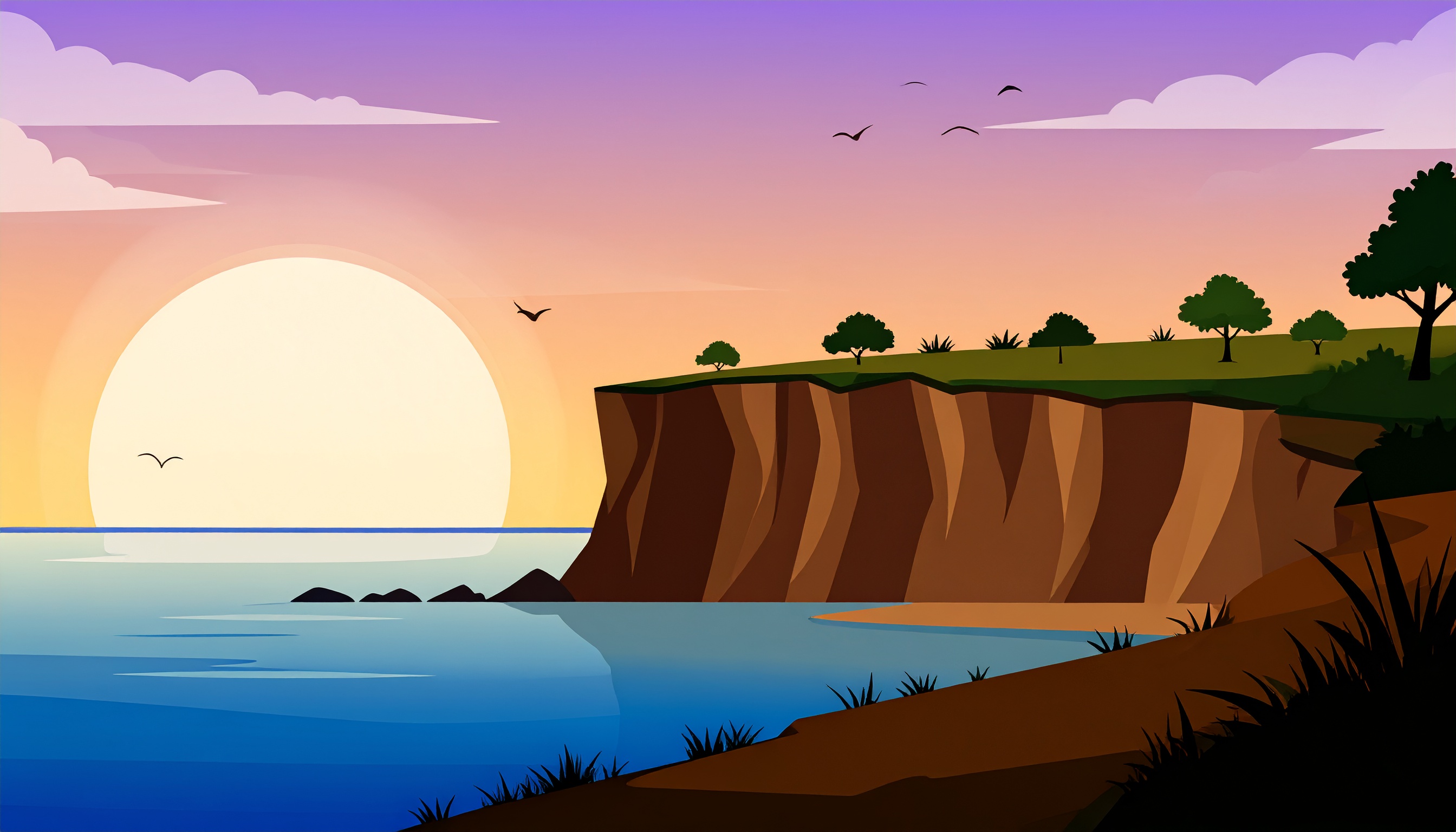 崖と海の夕暮れ時背景イラスト