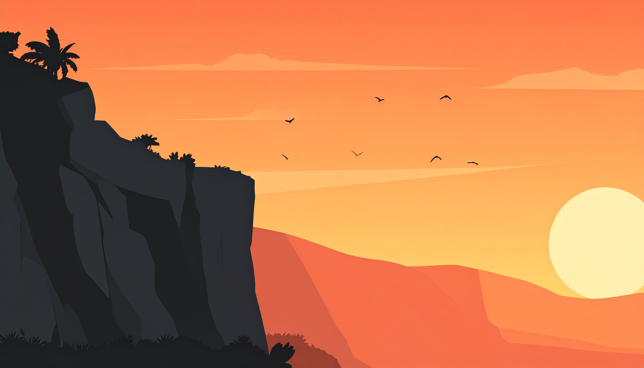 夕日と崖の背景イラスト