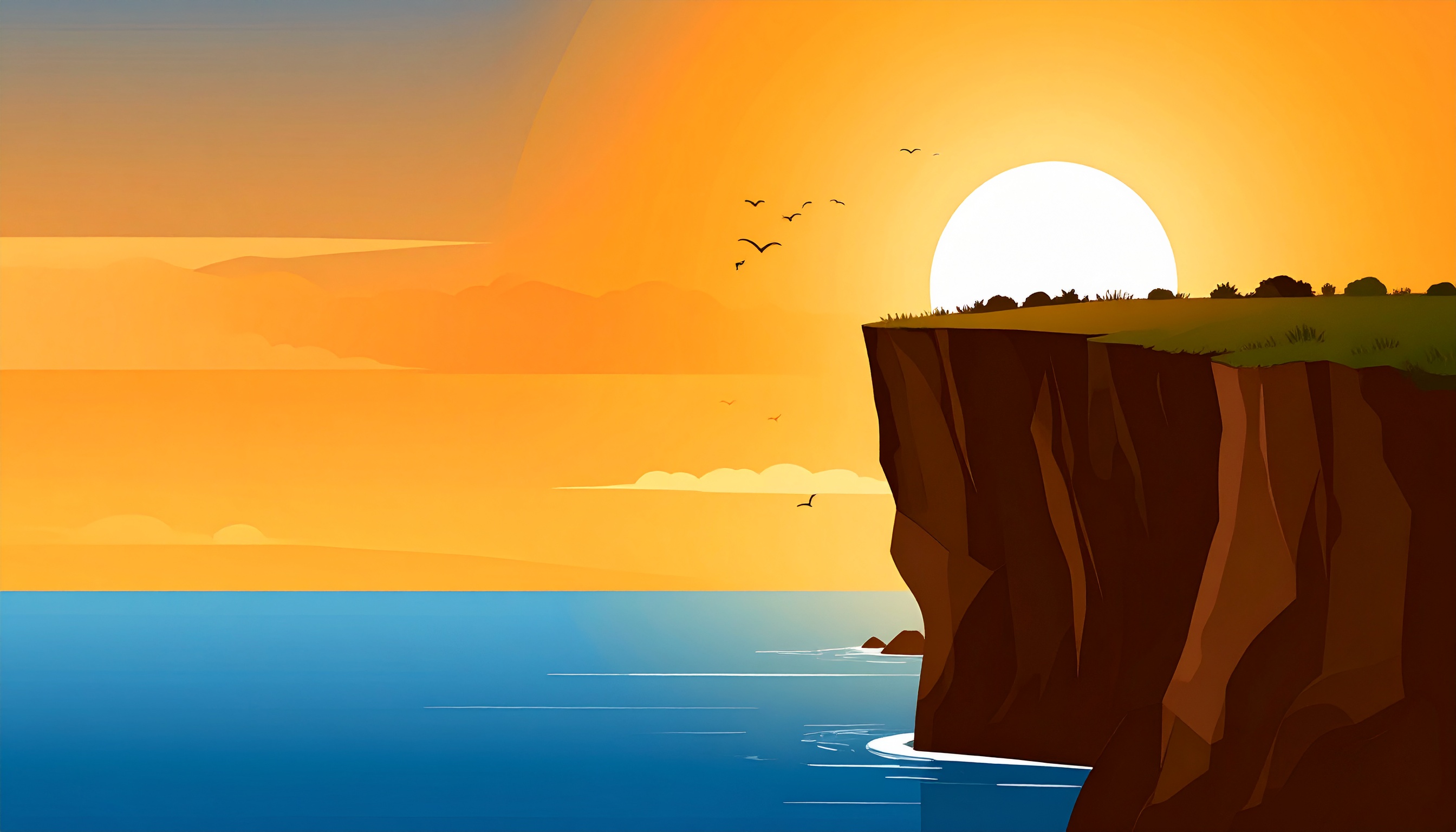 夕日と崖と海の背景イラスト