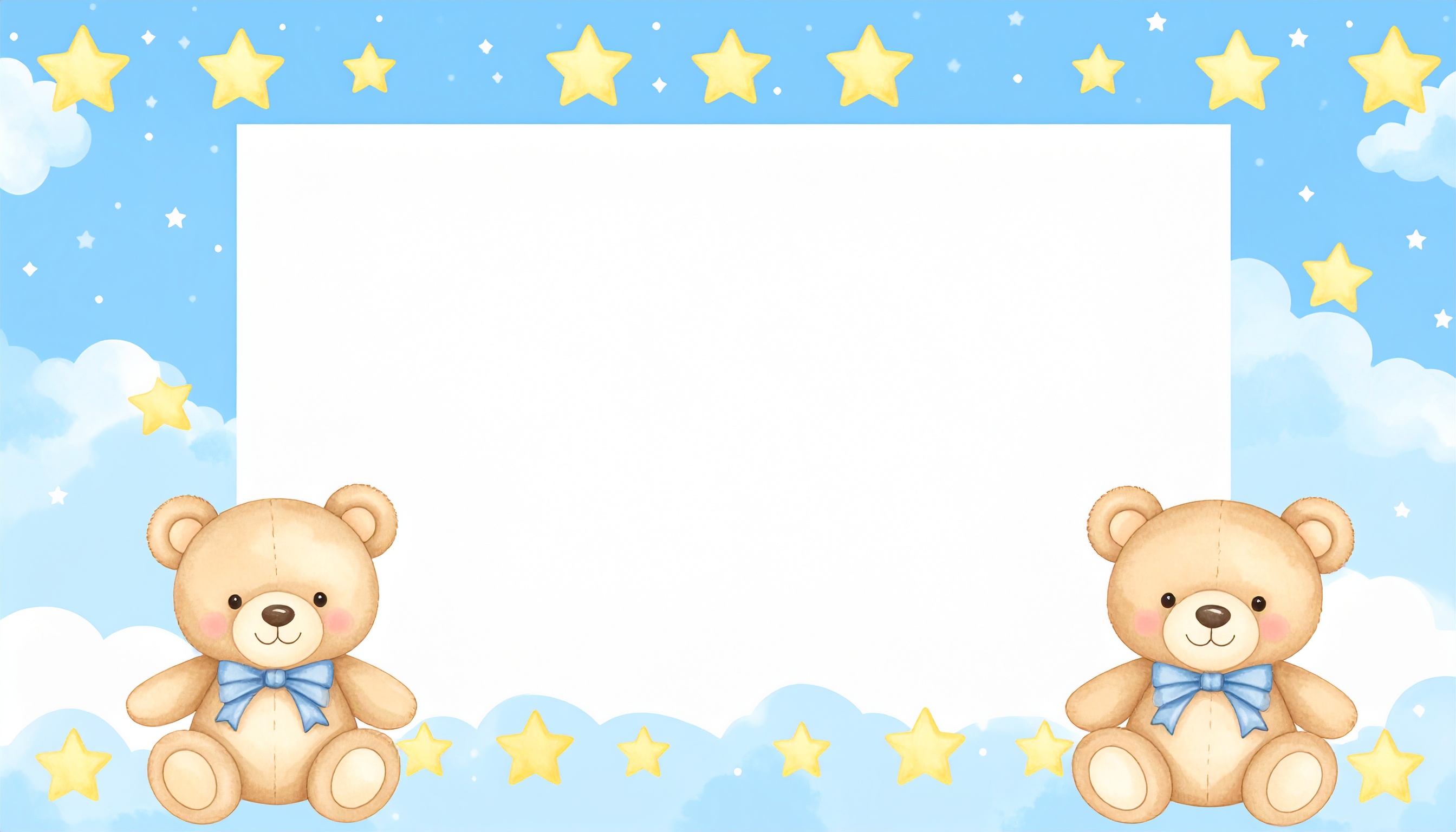 ぬいぐるみと空・星・雲のかわいいフレーム風背景イラスト