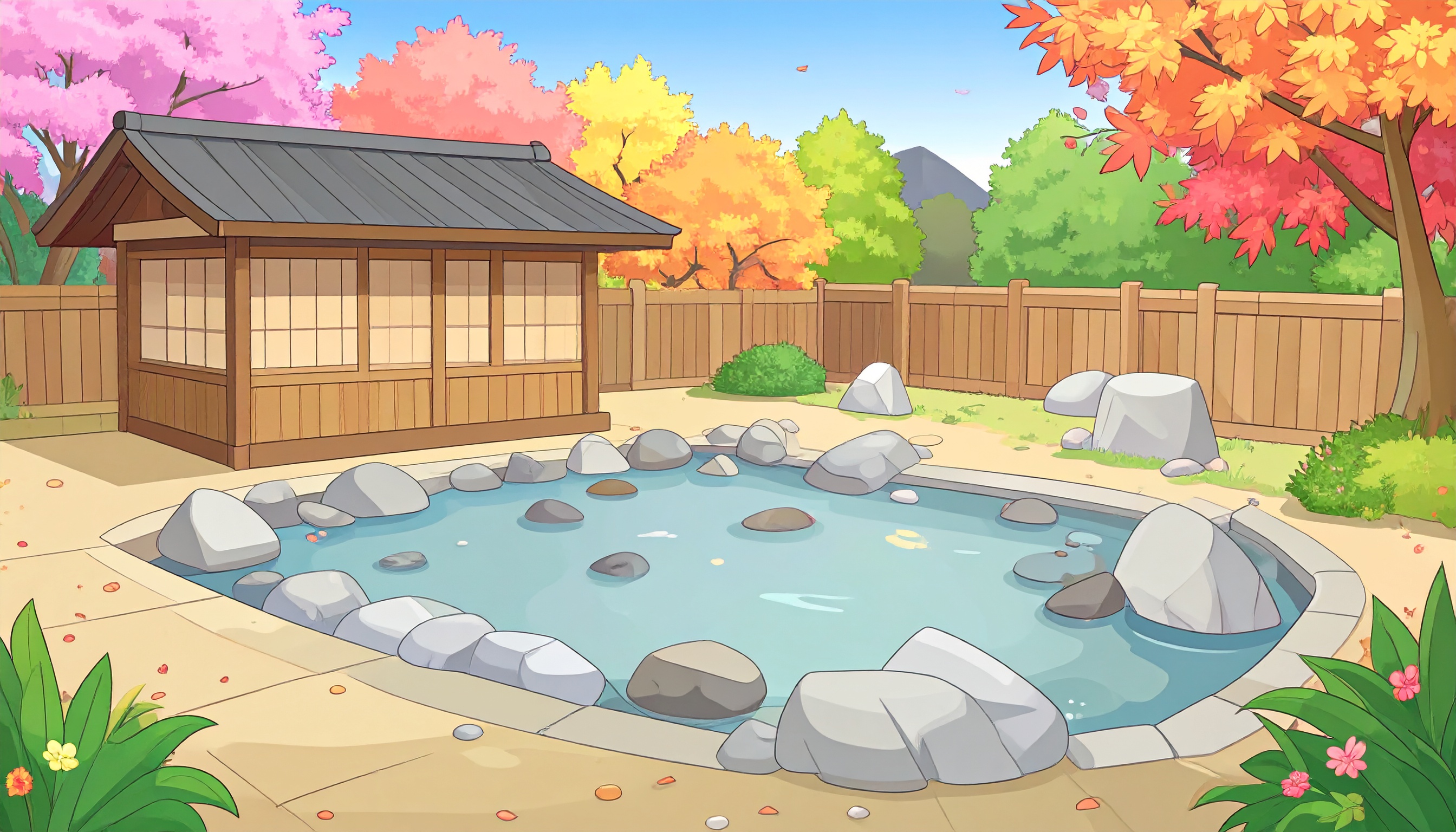 露天風呂の和風イラスト背景