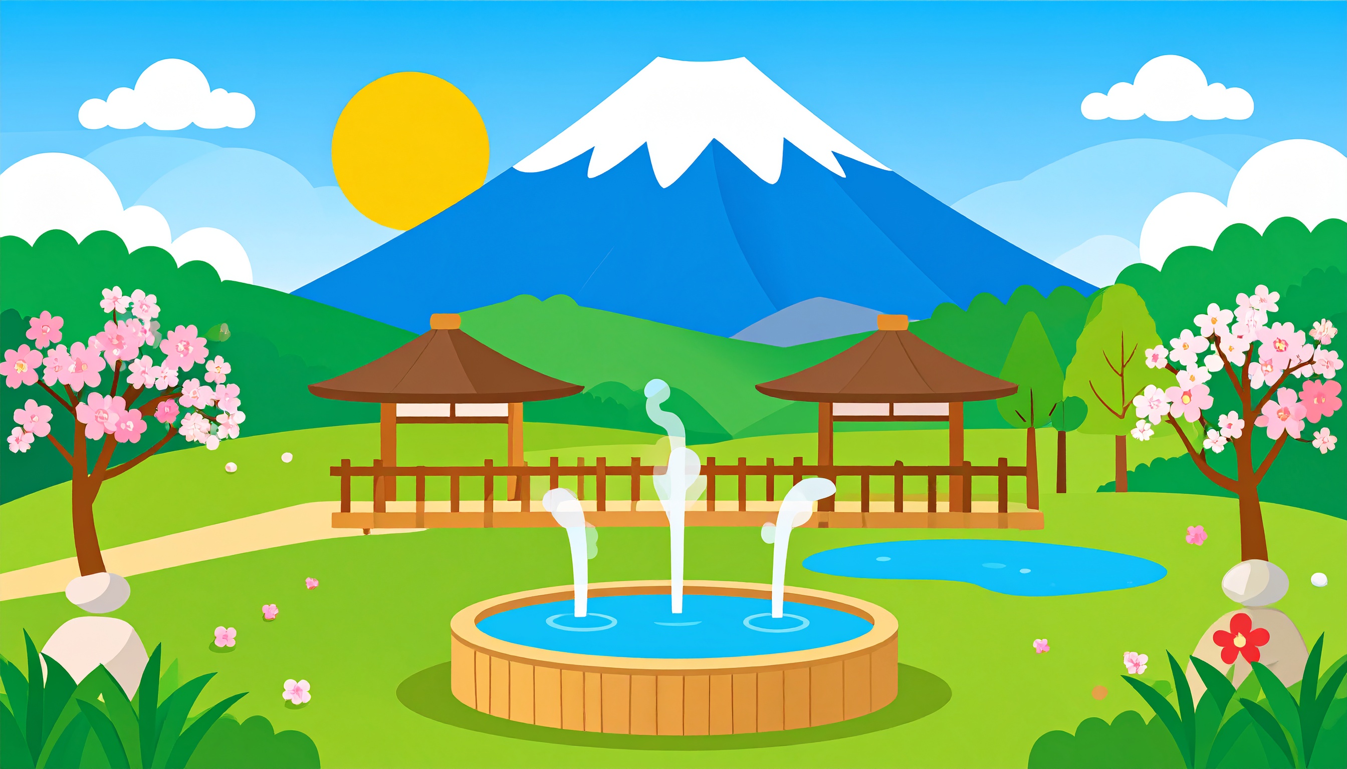 景色が見える露天風呂のイラスト背景