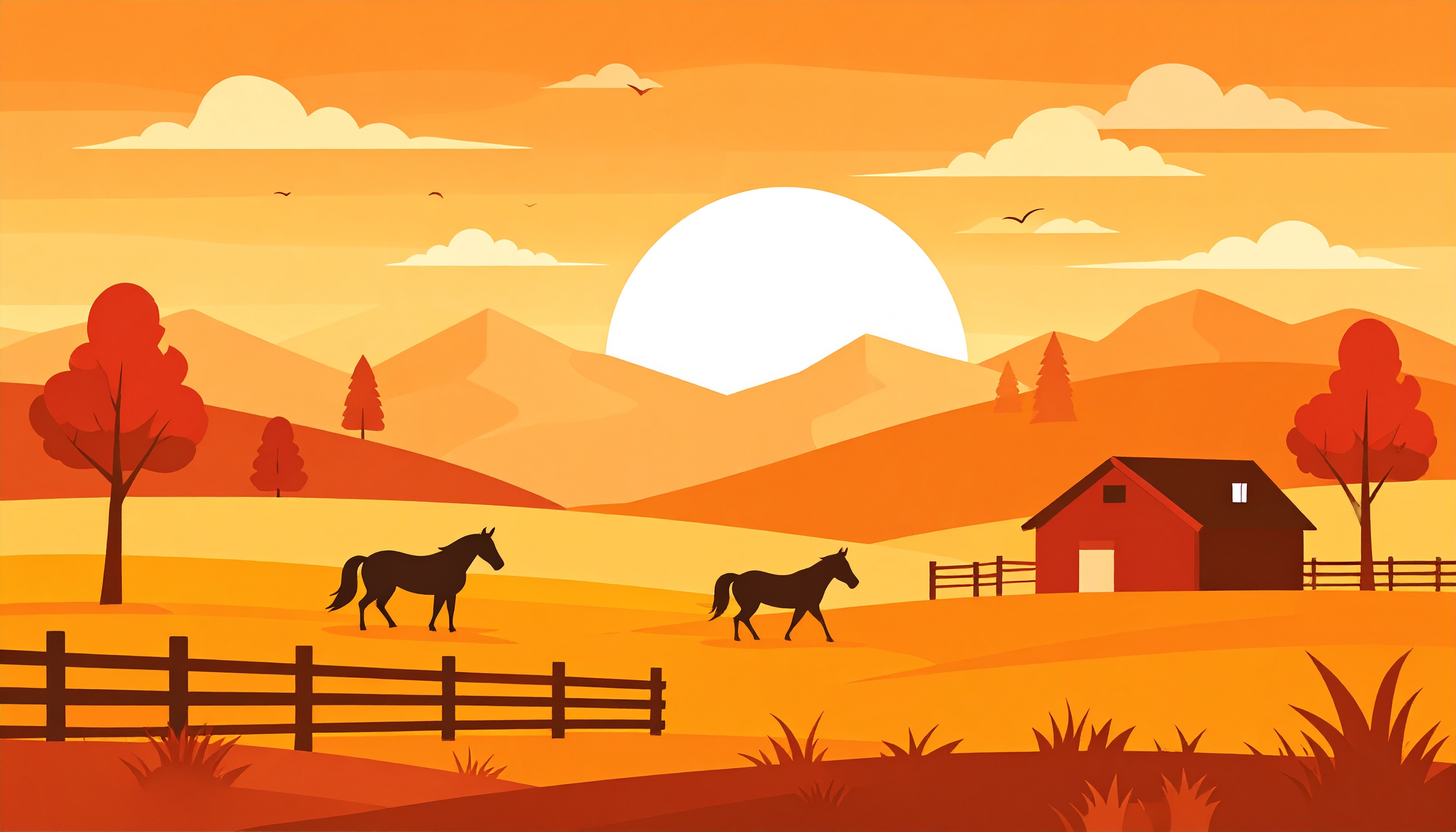 馬のいる牧場の夕方背景イラスト