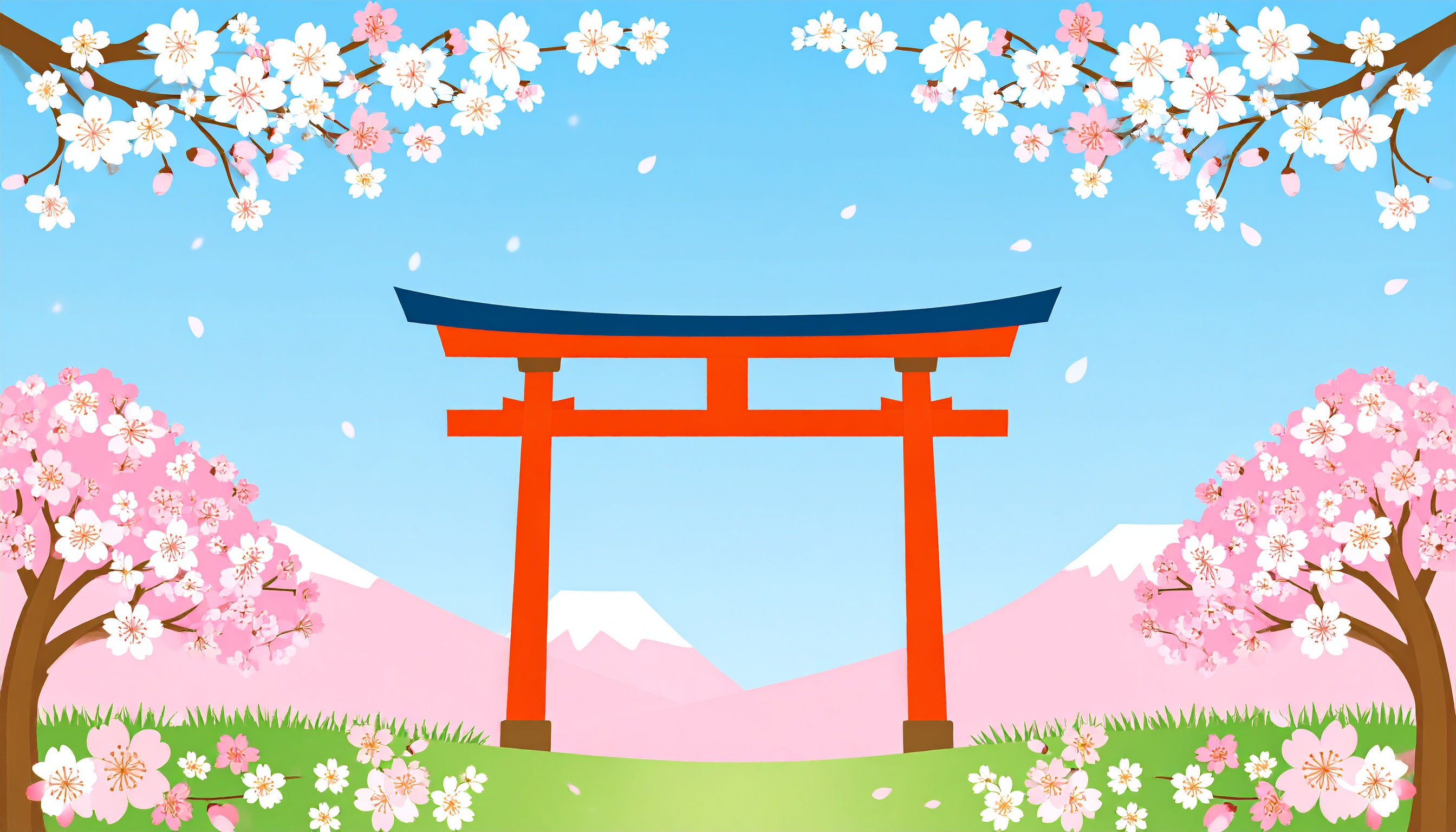 鳥居のある春のシンプルな背景イラスト