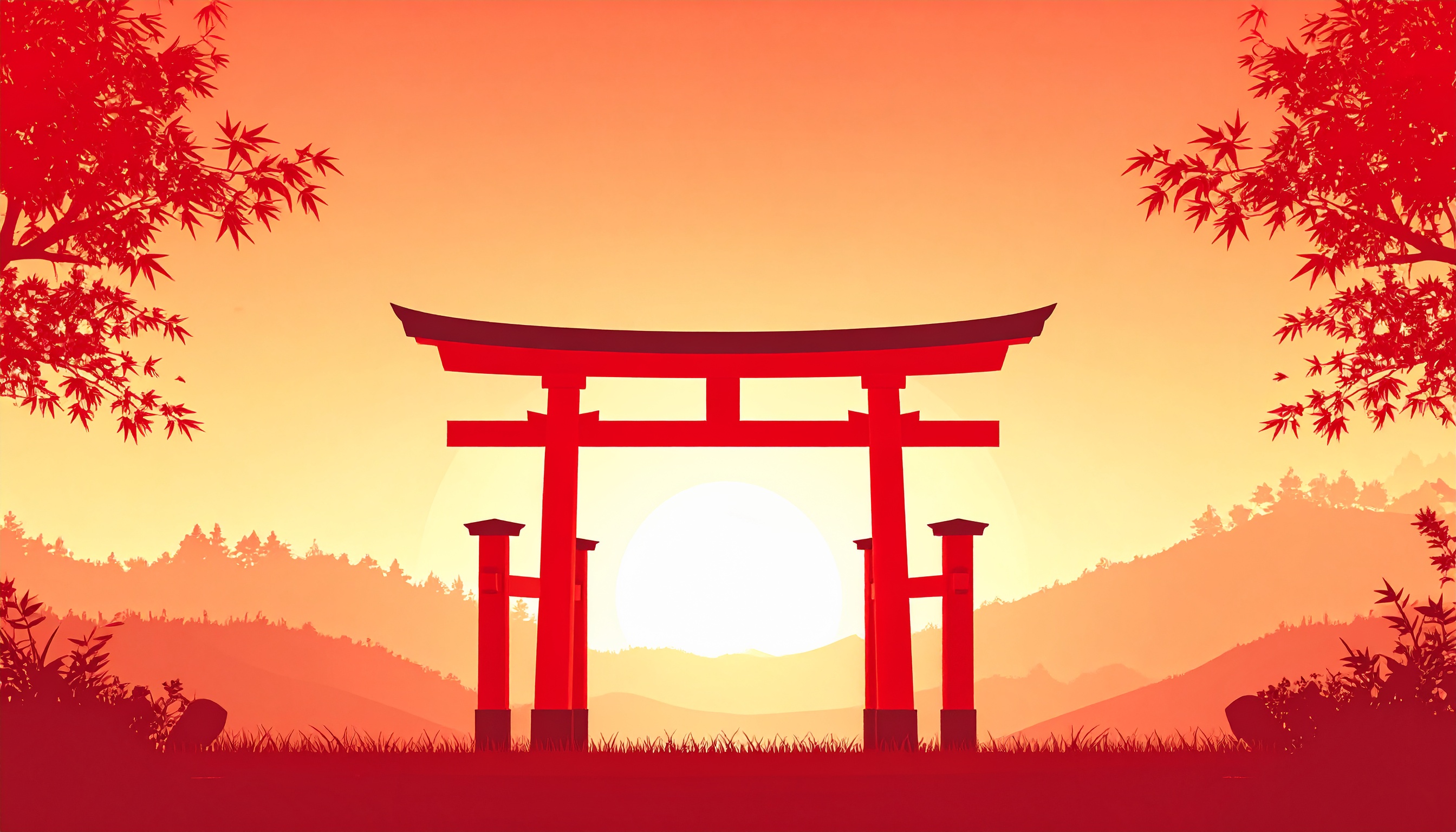 鳥居と夕方の風景イラスト