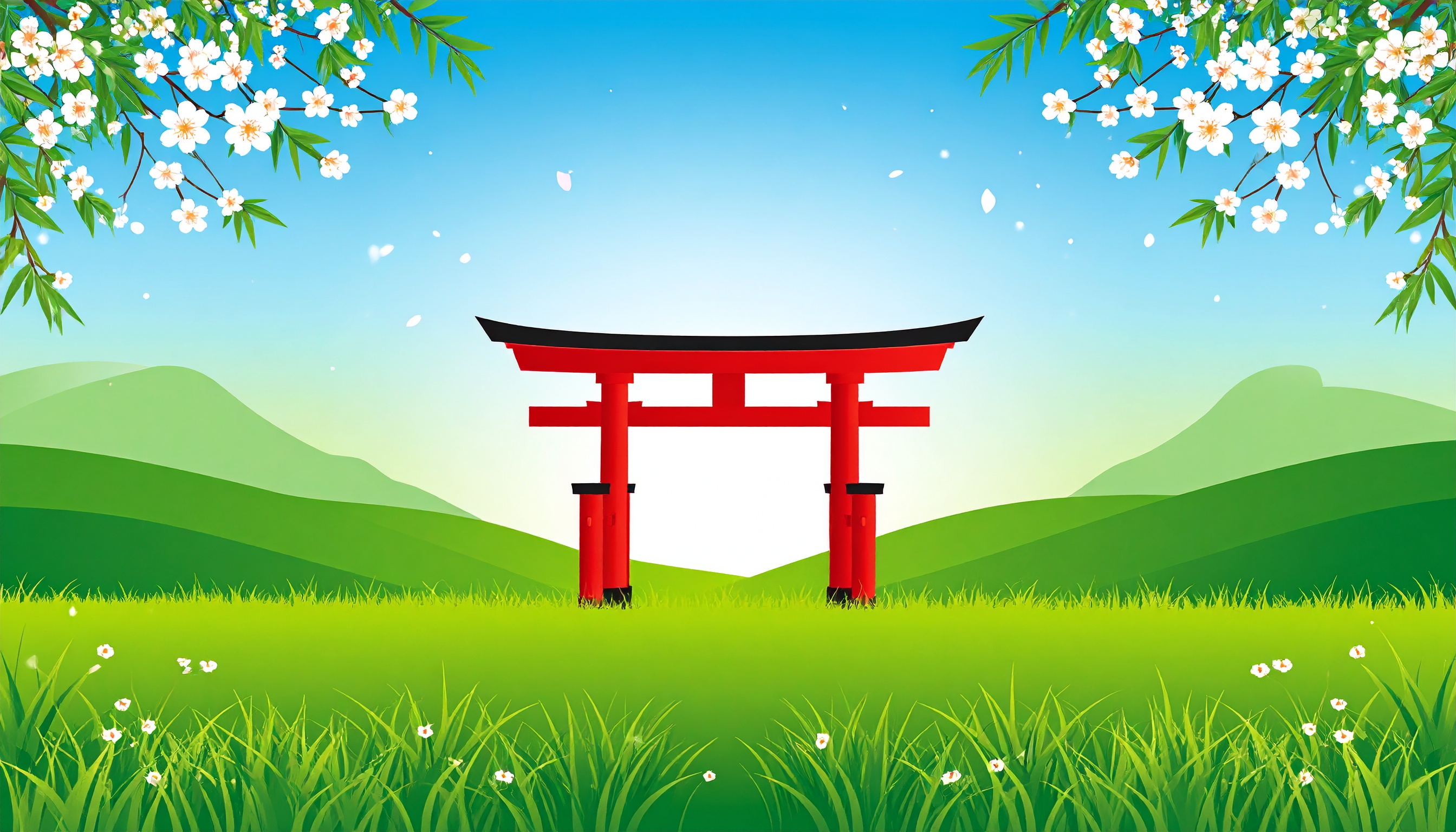 草原と鳥居の風景イラストフリー素材