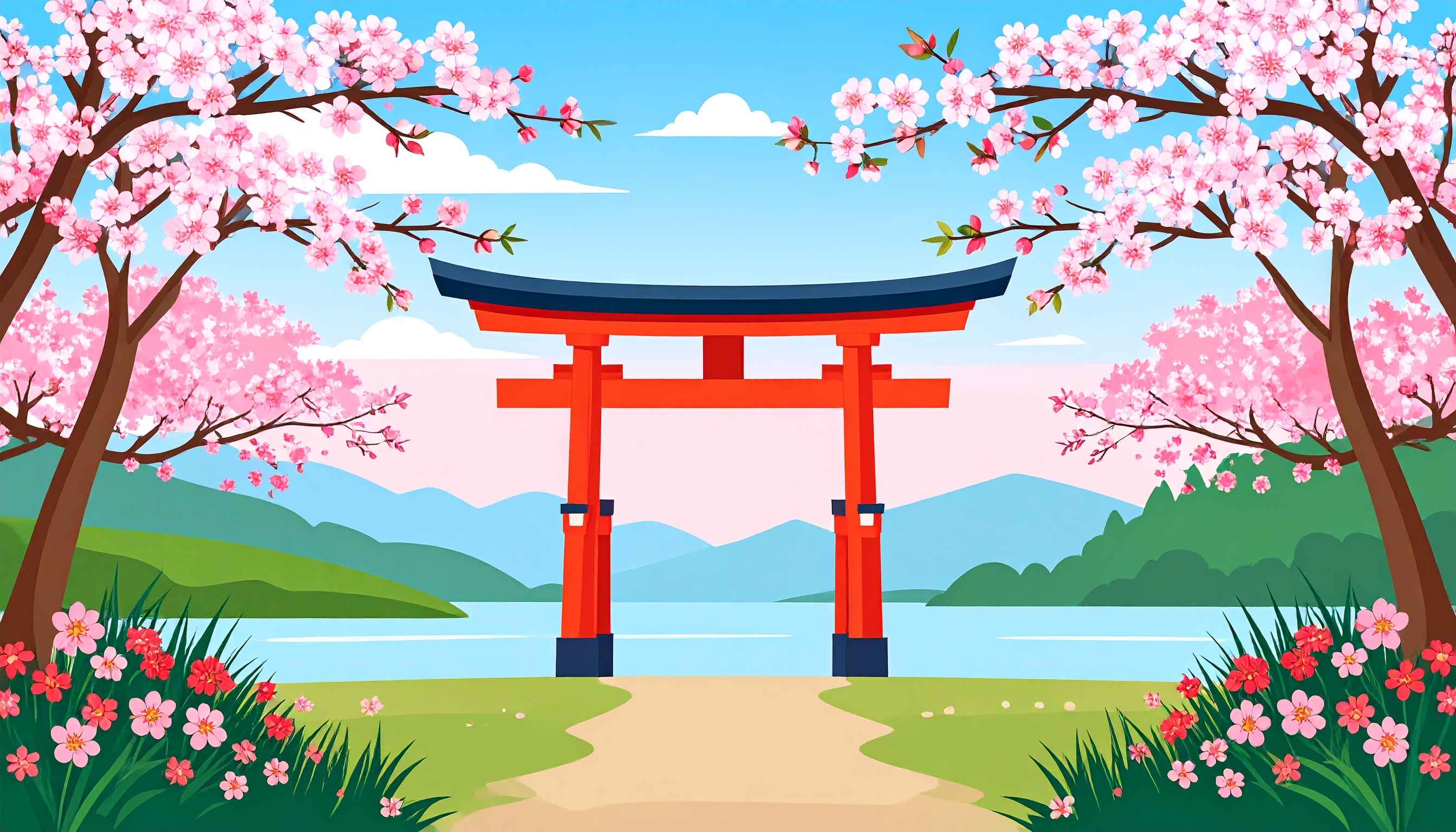 鳥居のある春の風景のイラストフリー素材