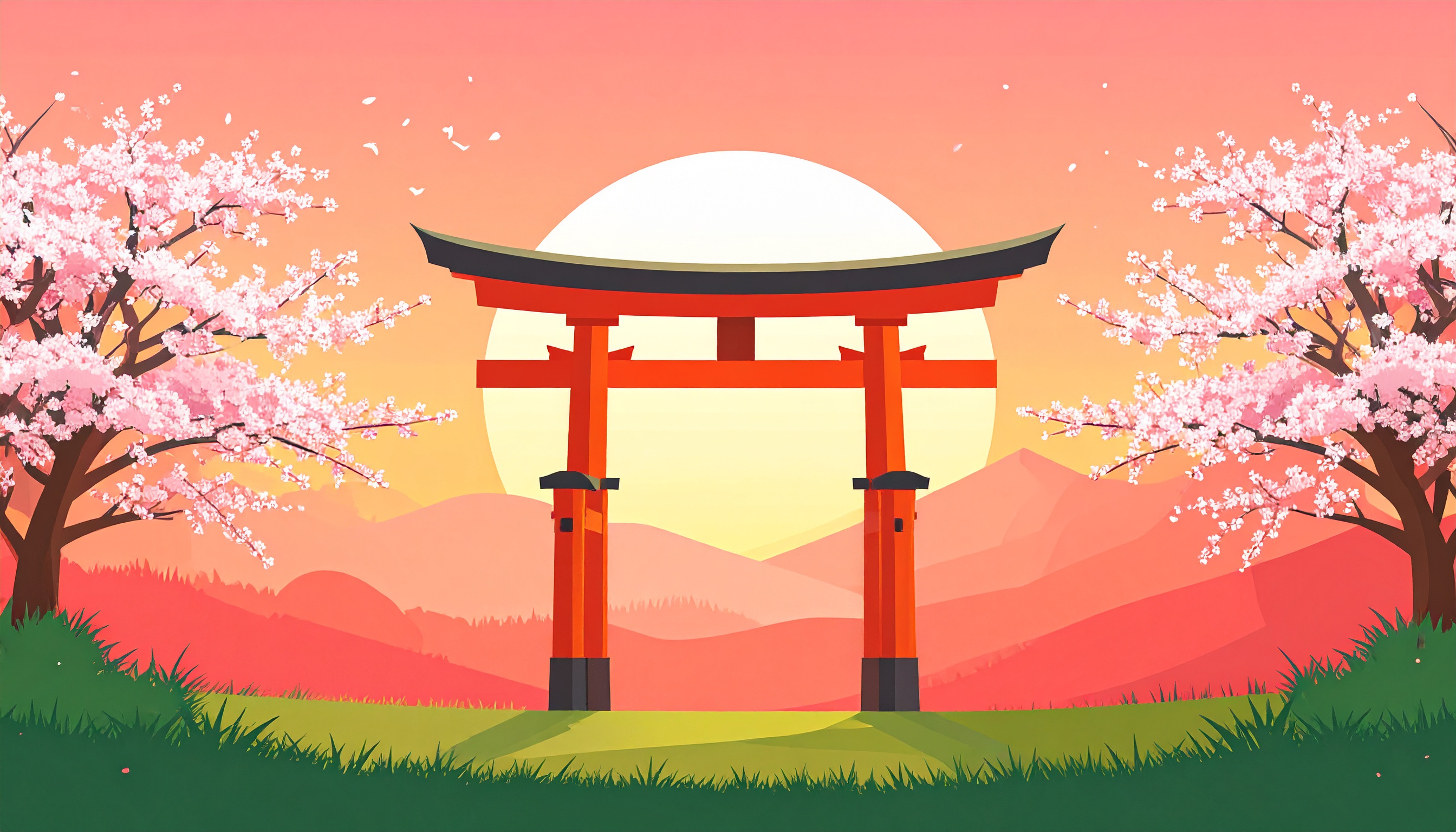 鳥居と桜の夕暮れの背景イラスト
