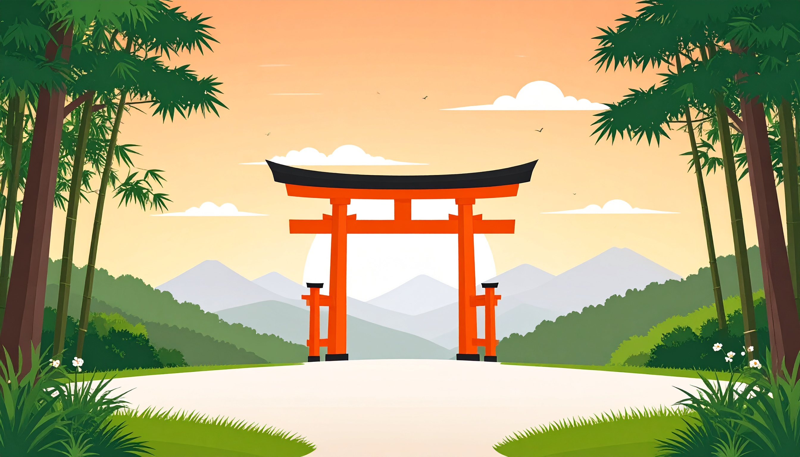 鳥居と竹藪の背景イラスト