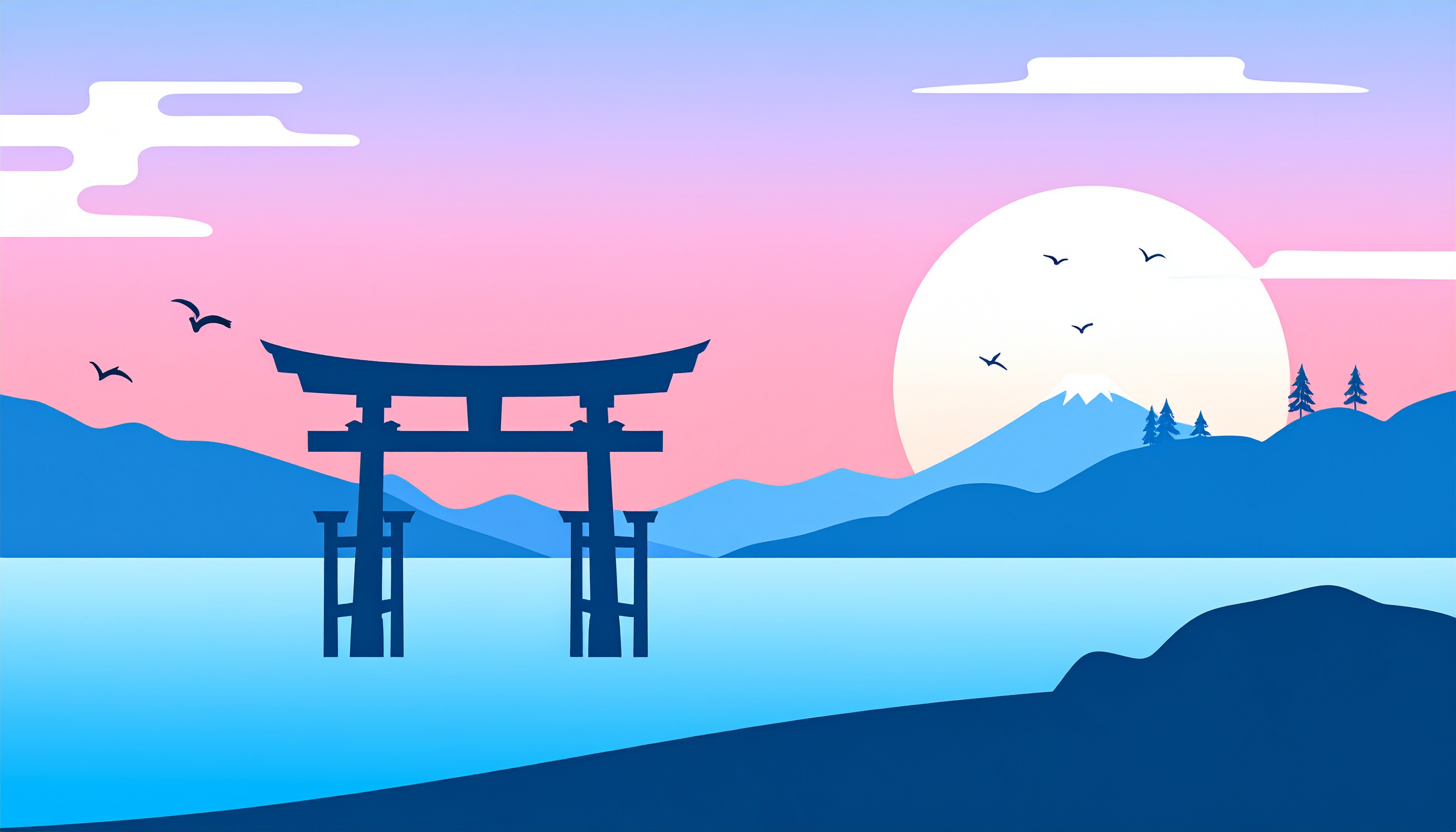 鳥居と海の和風背景イラスト