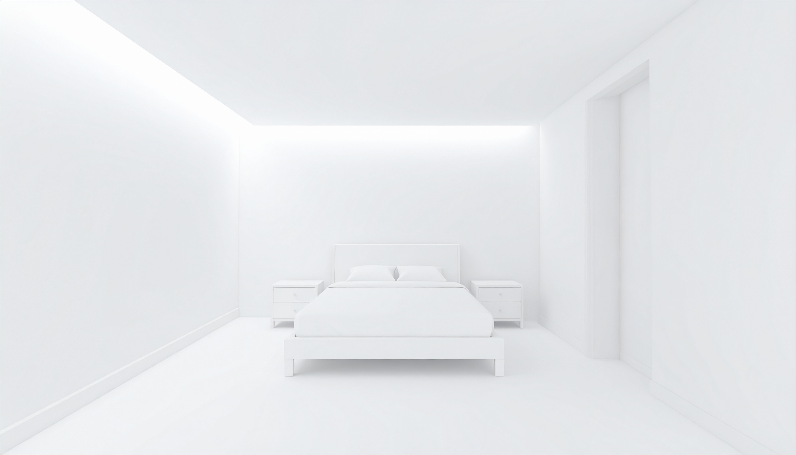 白い部屋にベッドとドアがある背景フリー素材