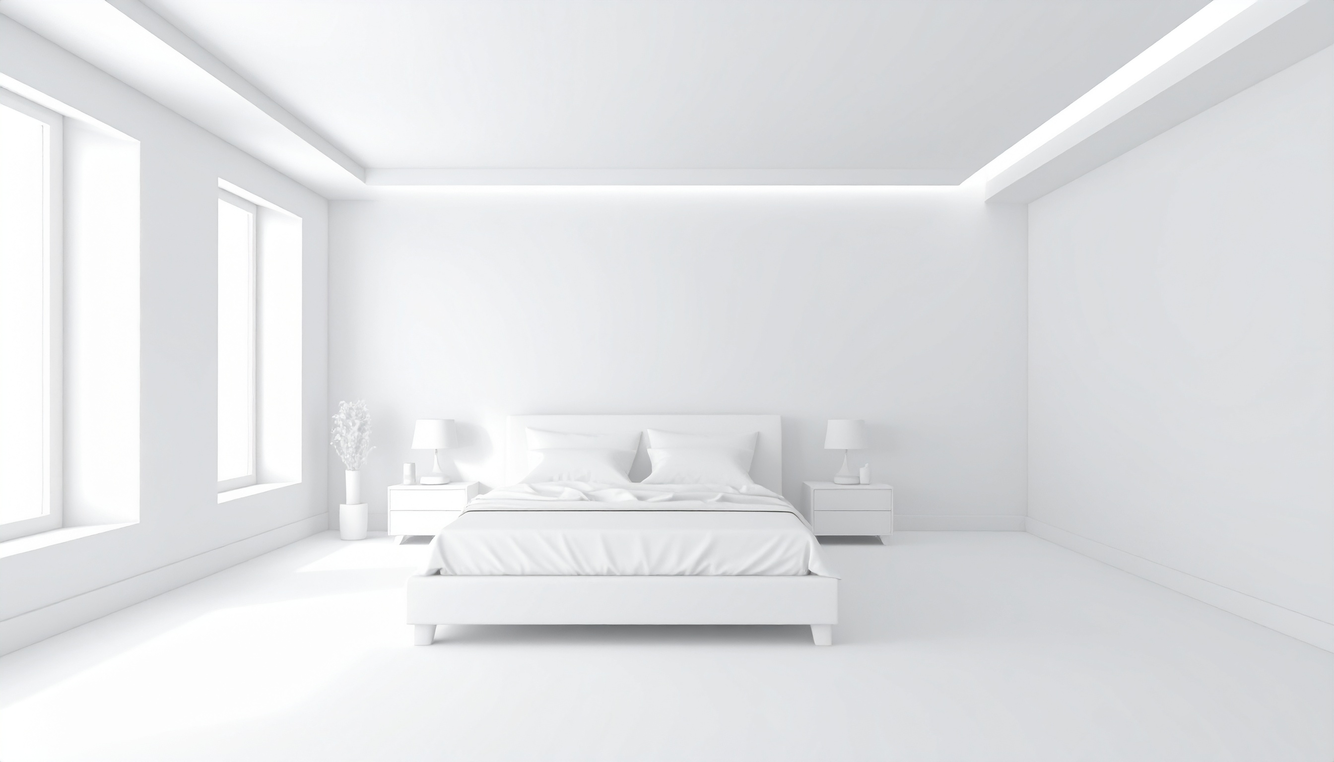 白い部屋にベッドと扉がある背景フリー素材
