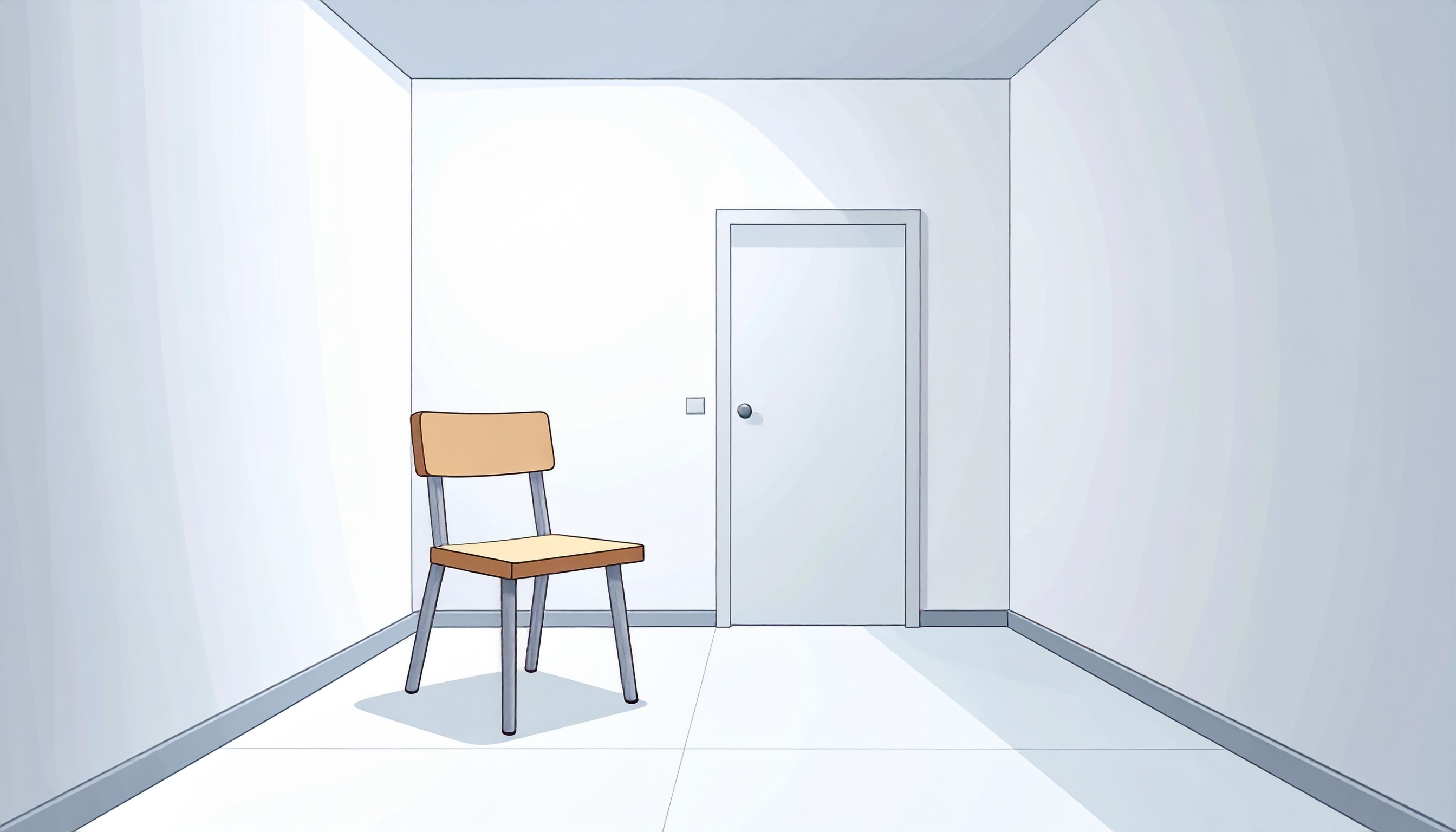 白い部屋にイスと扉がある背景イラスト
