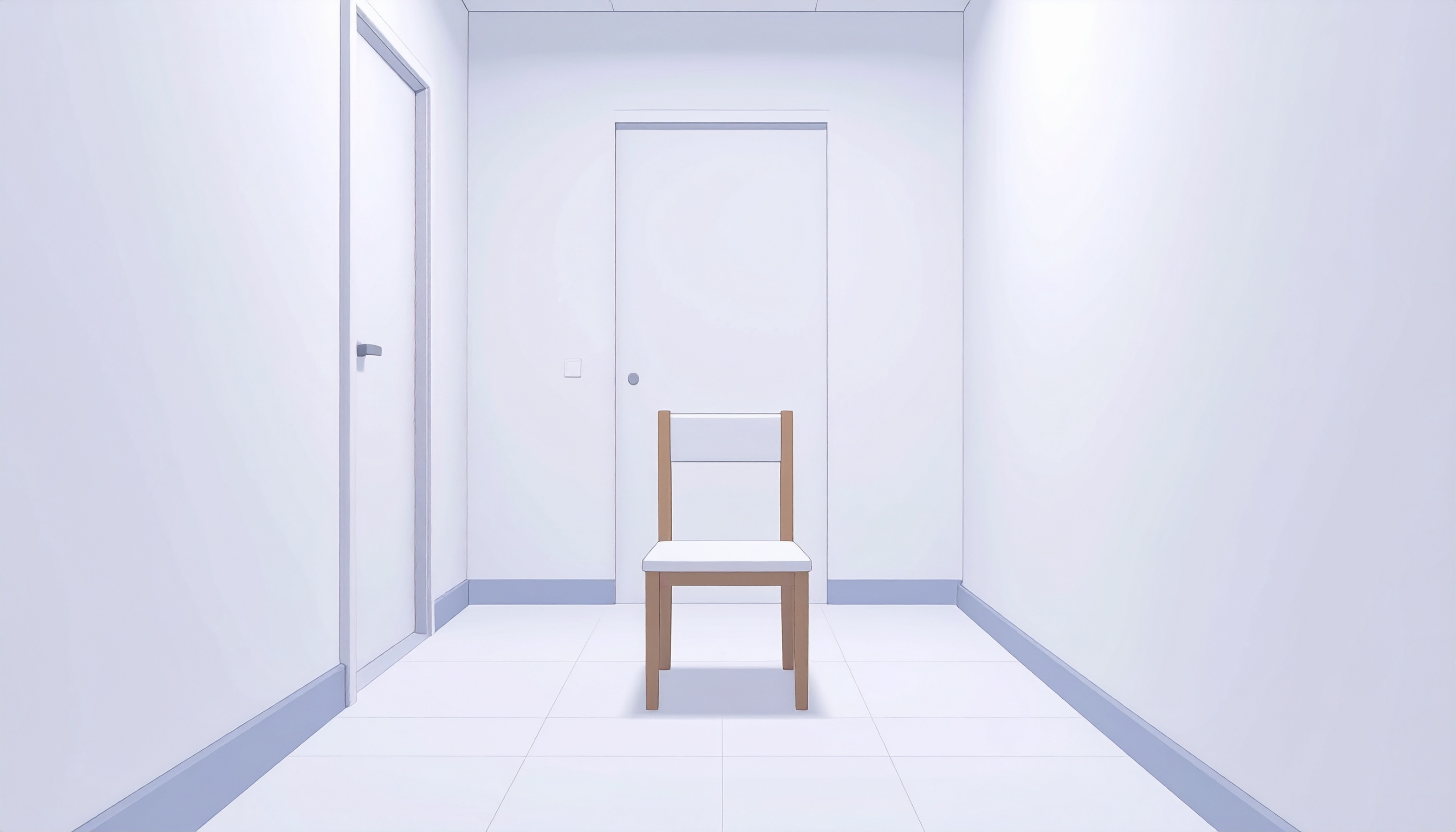 白い部屋に扉とイスがある背景フリー素材
