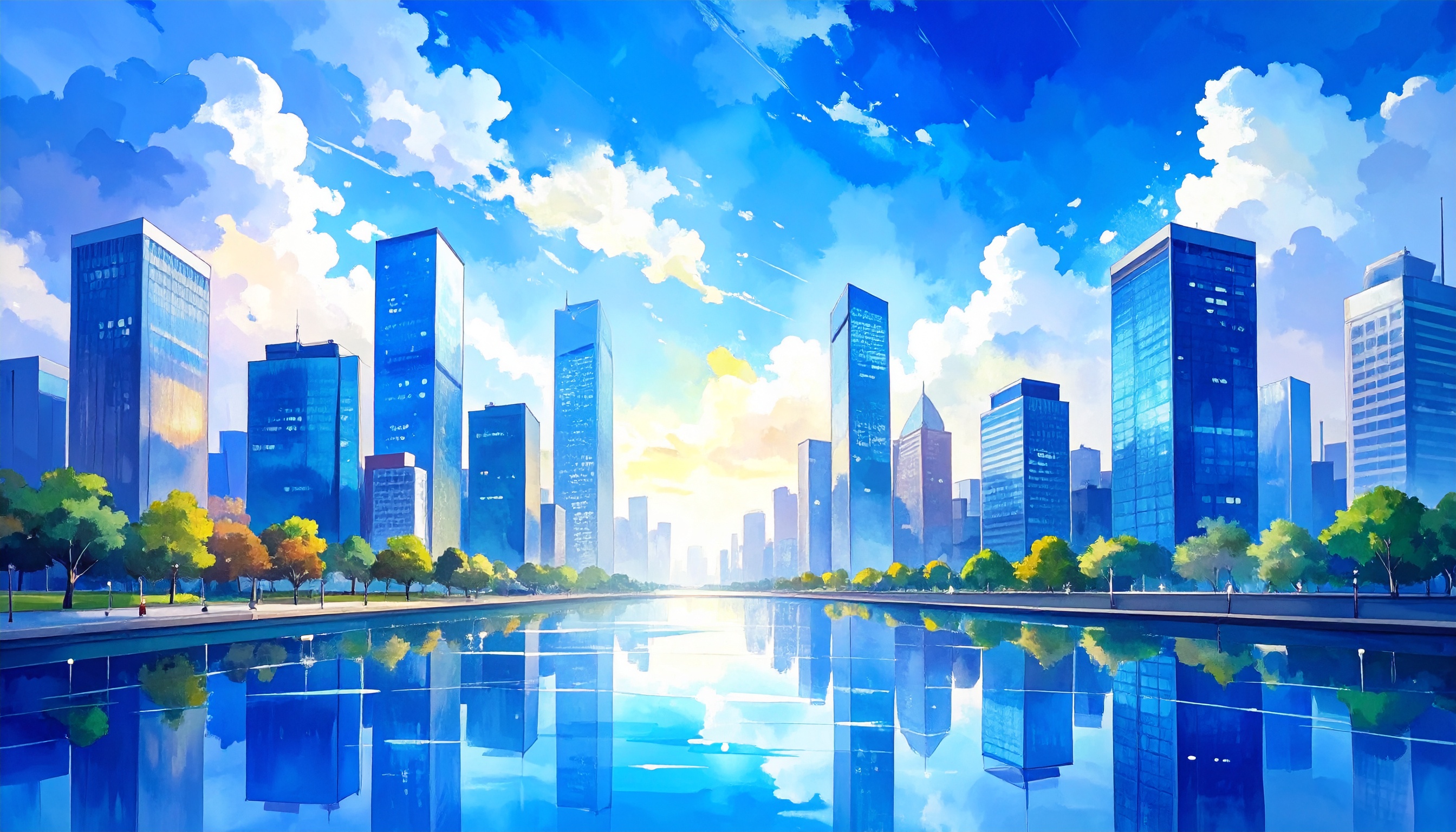 高層ビルの水彩背景イラスト