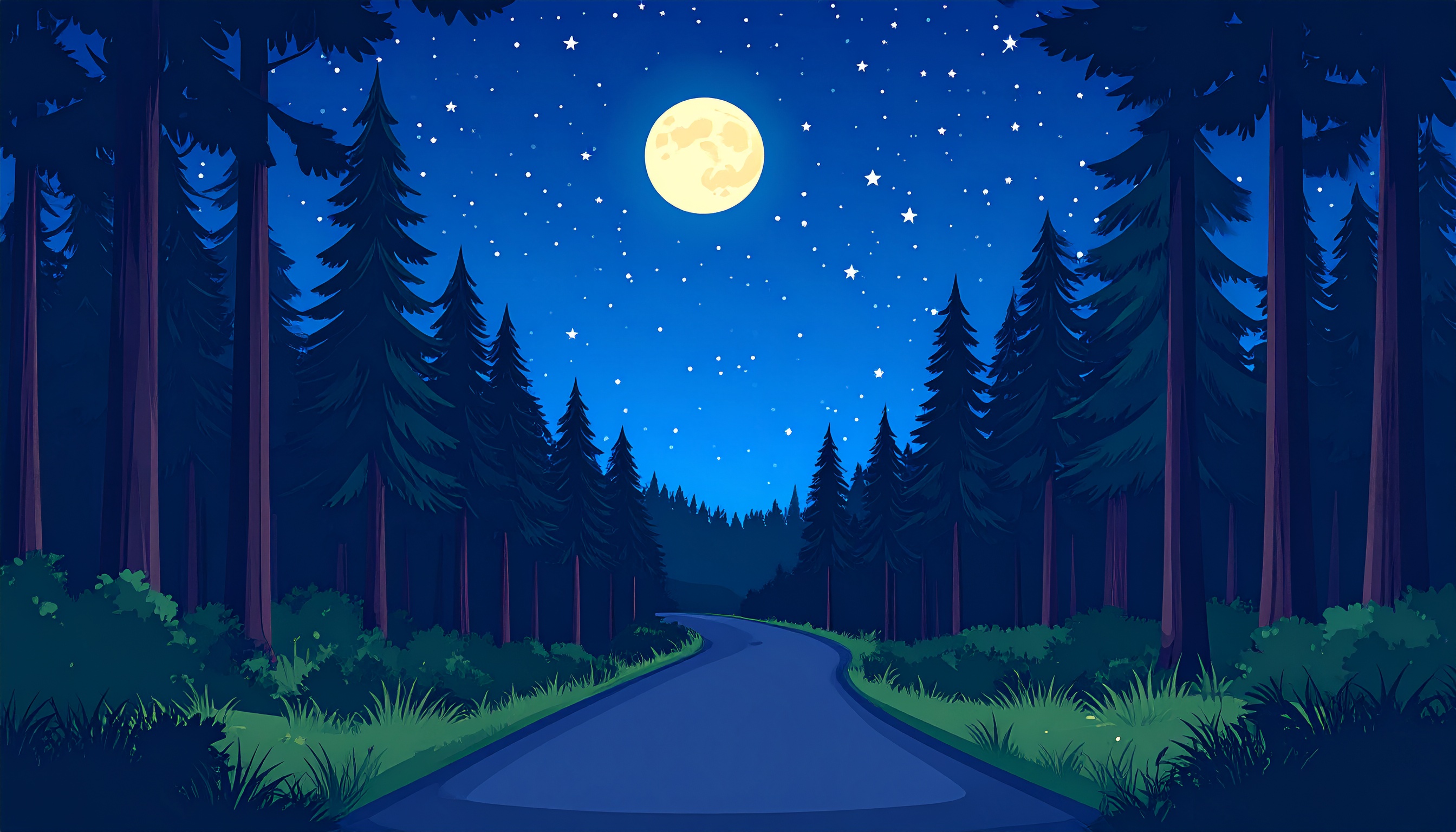 夜の森と道と夜空の背景イラスト