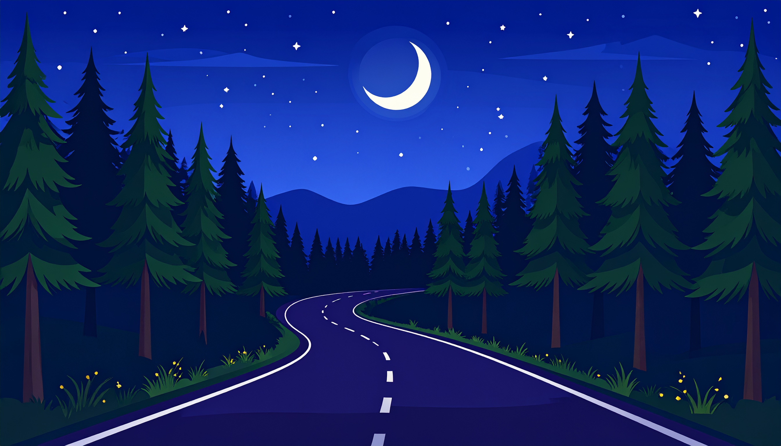 夜の森と道路の背景イラスト