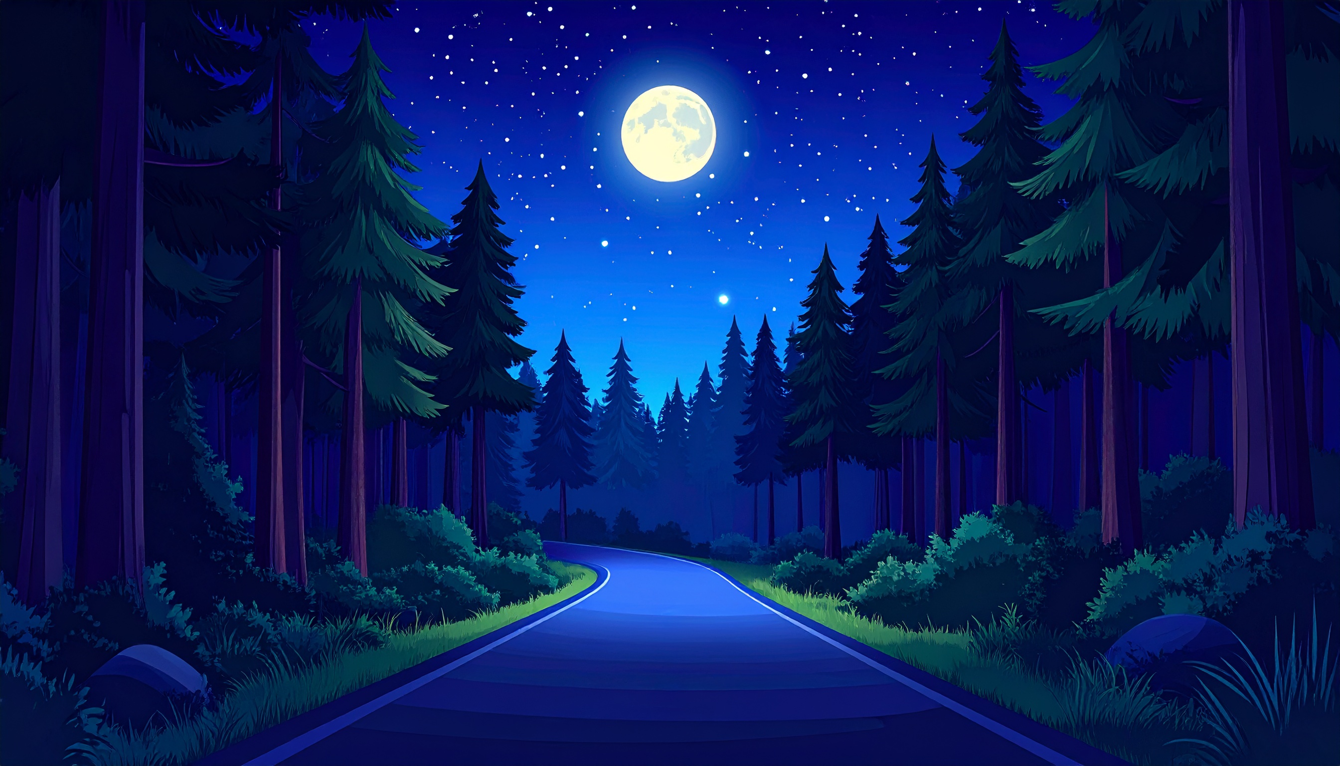 夜の森と道路の背景フリー素材