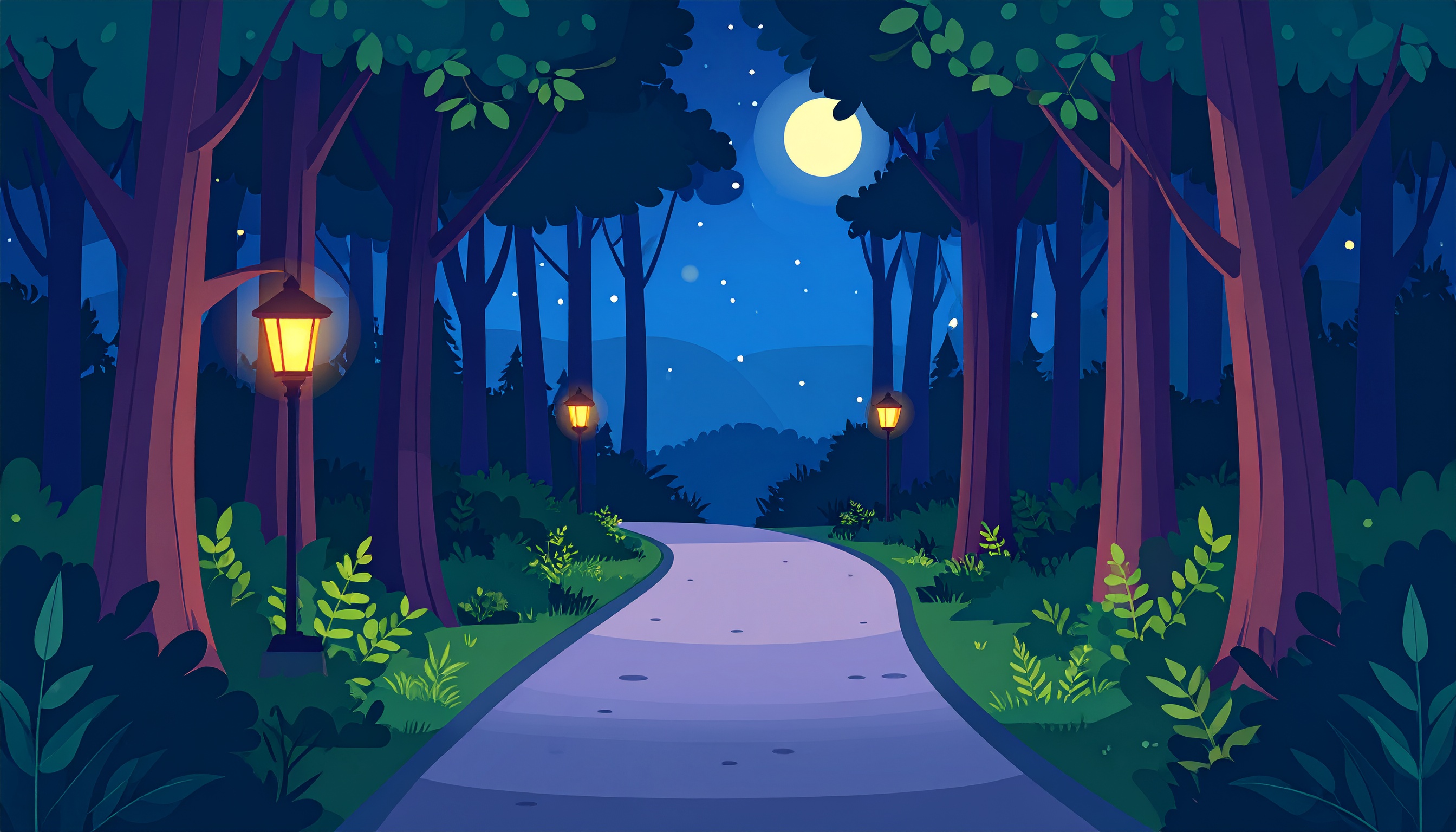 夜の森と道の背景イラスト