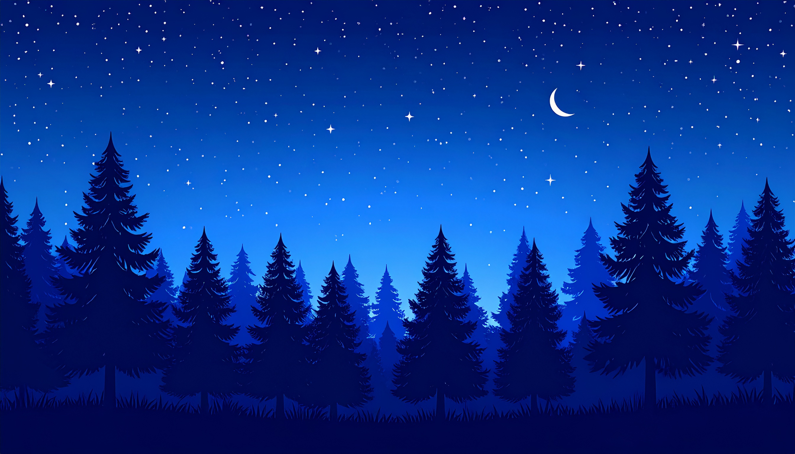 夜の森と月と夜空の背景フリー素材