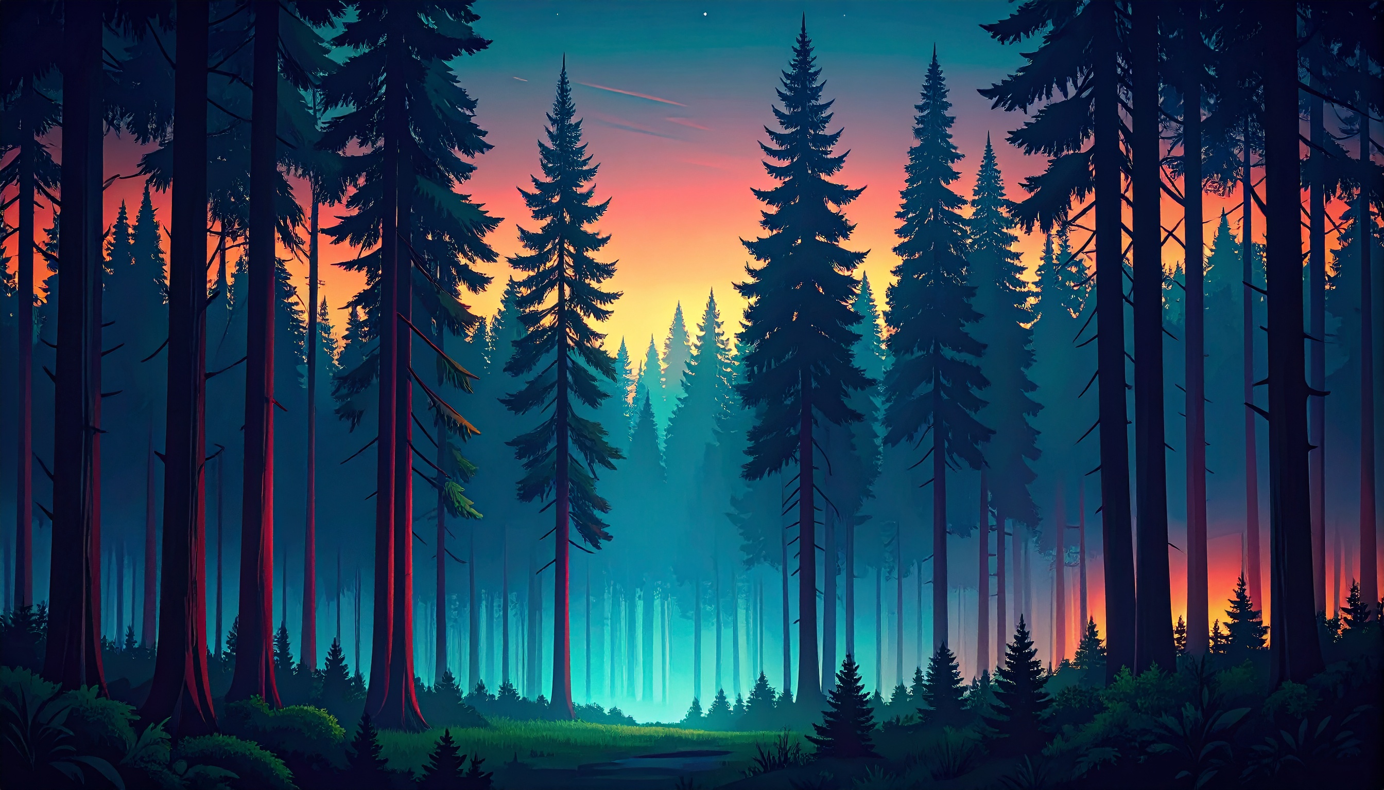 夕方の森の背景イラスト